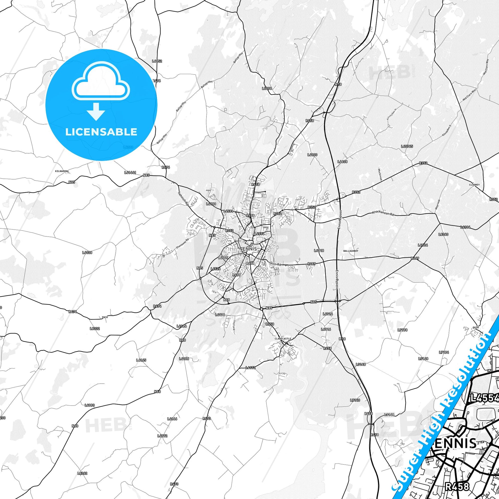 Ennis, Ireland light map with streetnames, citynames and districts