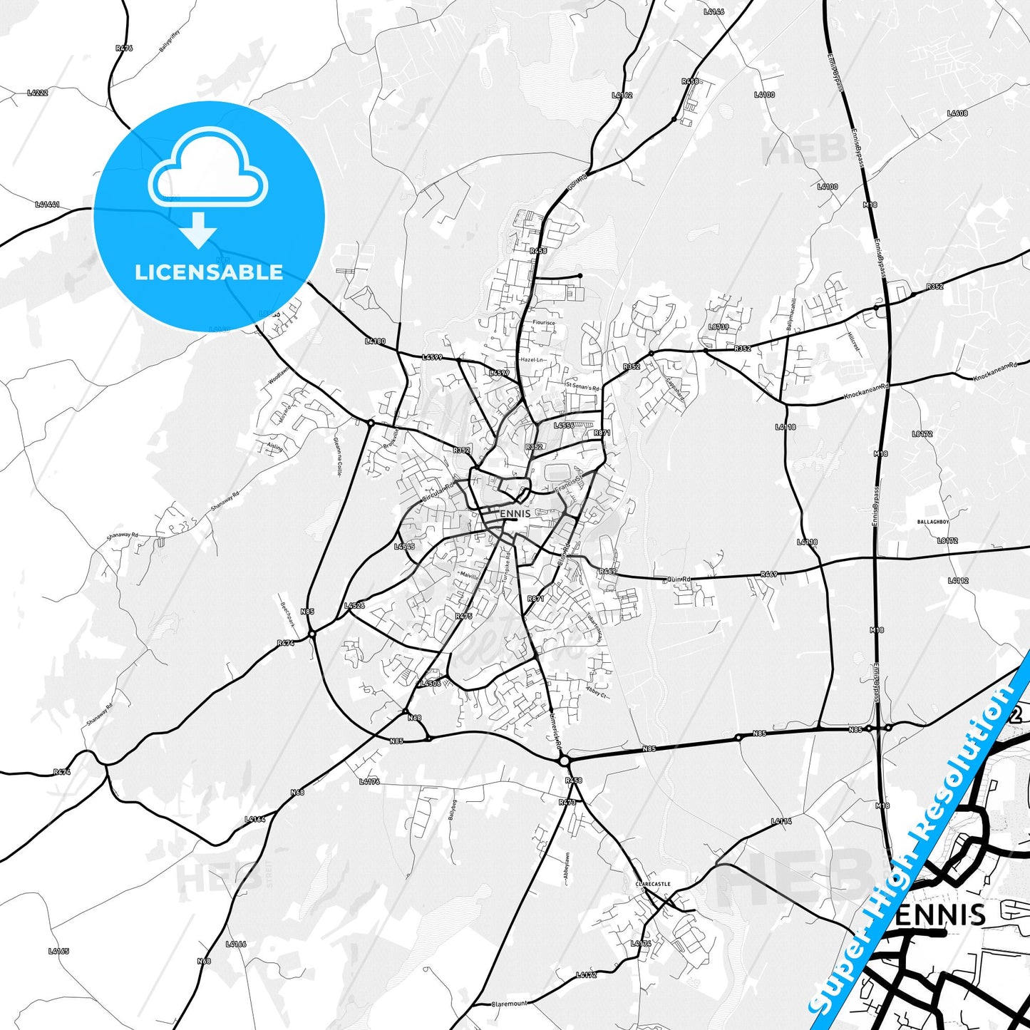 Ennis, Ireland Light Map with Street Names, City Names, and Districts
