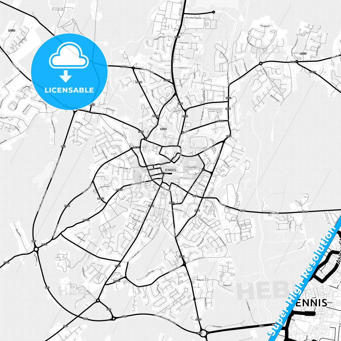 Ennis, Ireland Light Map with Street Names, City Names, and Districts