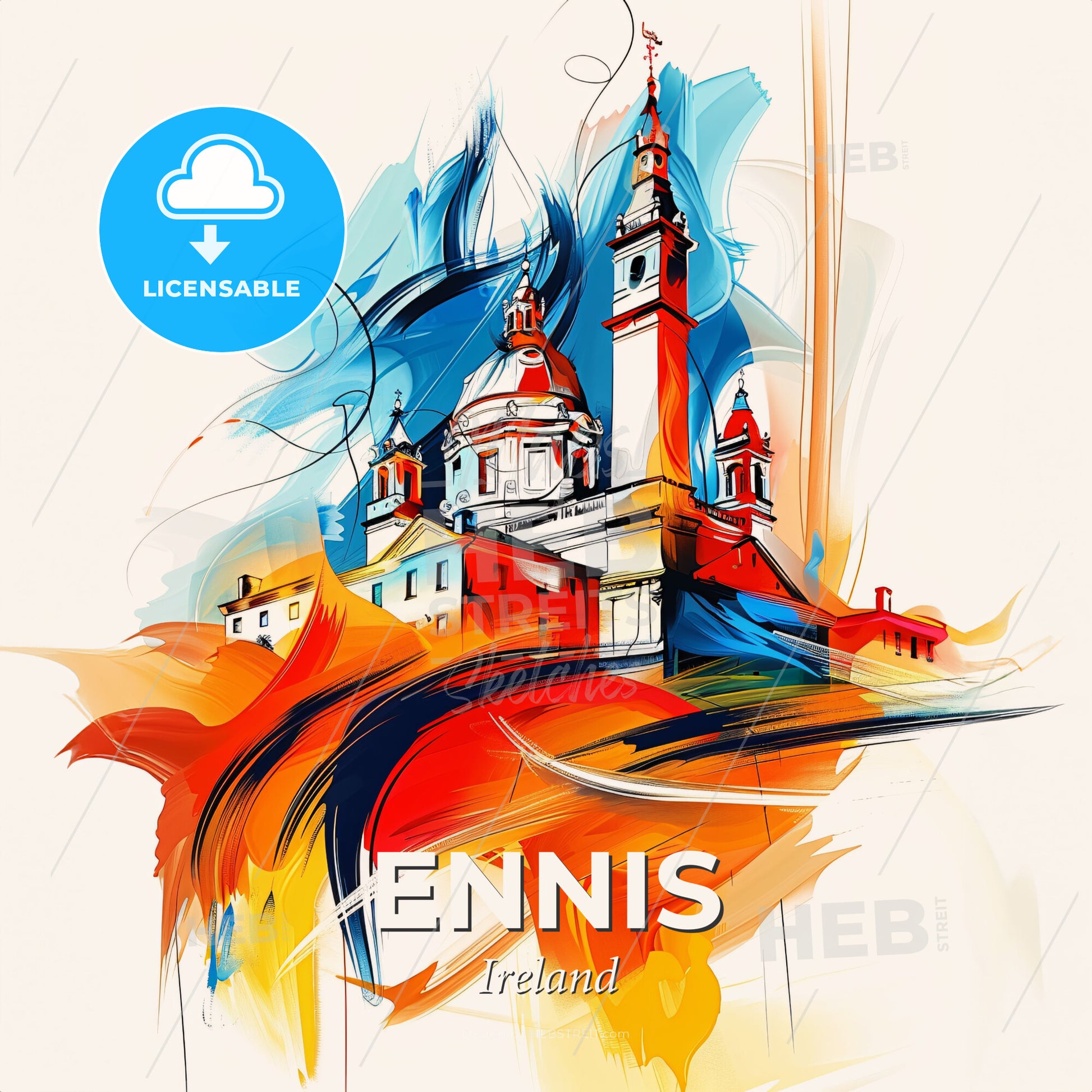 Vibrant Ennis, Ireland - A Painting Of A Building With Towers And A Colorful Background - Square format print template