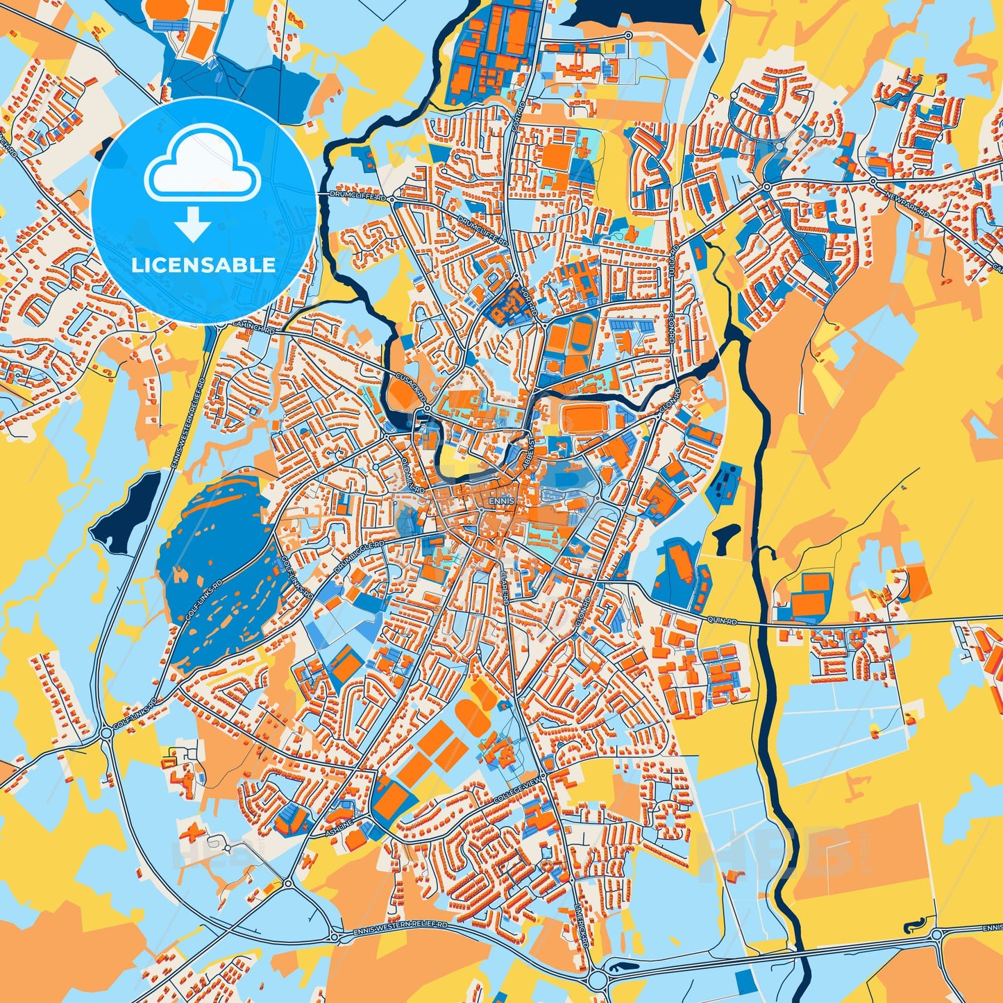 Colorful Ennis Street Map with Labels and Buildings