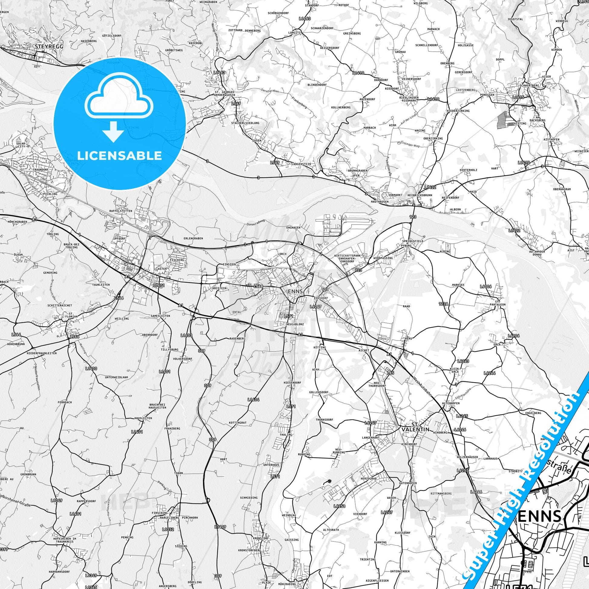 Enns, Austria light map with streetnames, citynames and districts