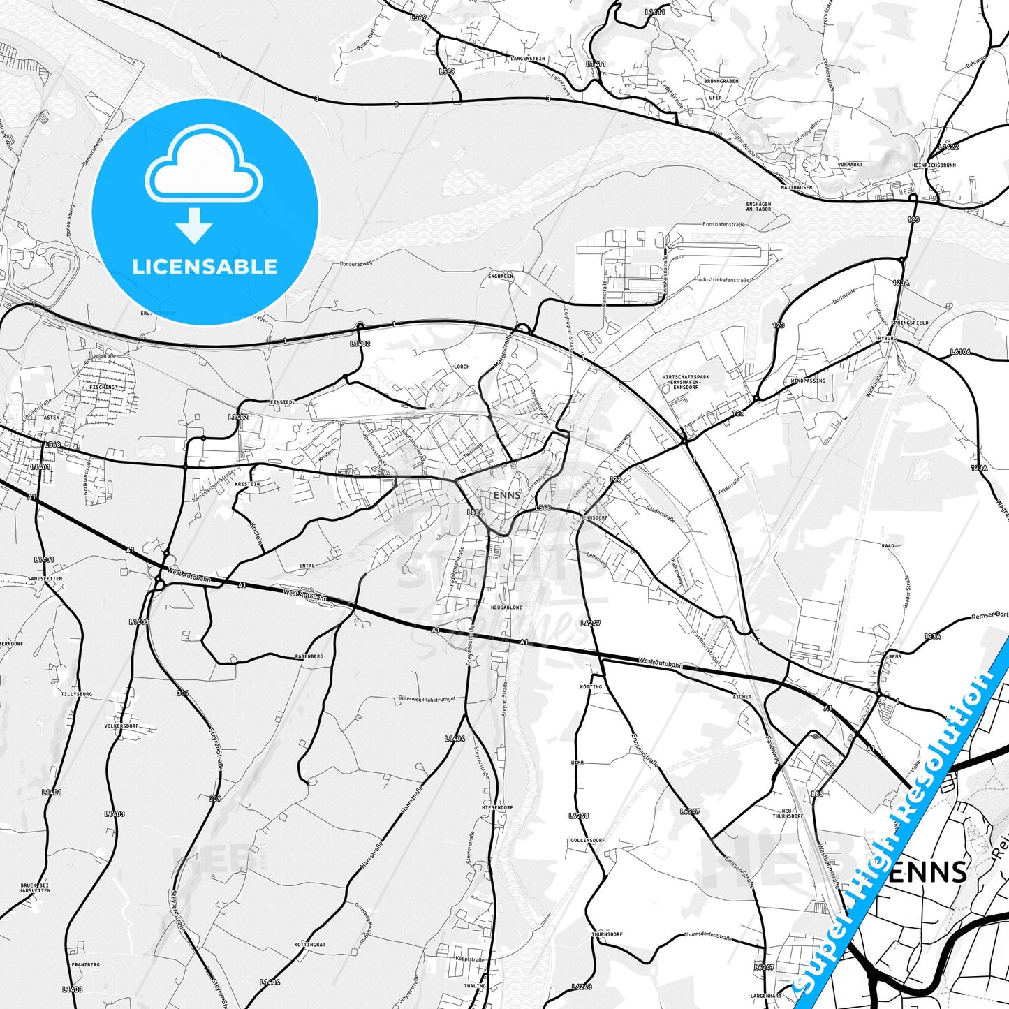 Enns, Austria Light Map with Street Names, City Names, and Districts