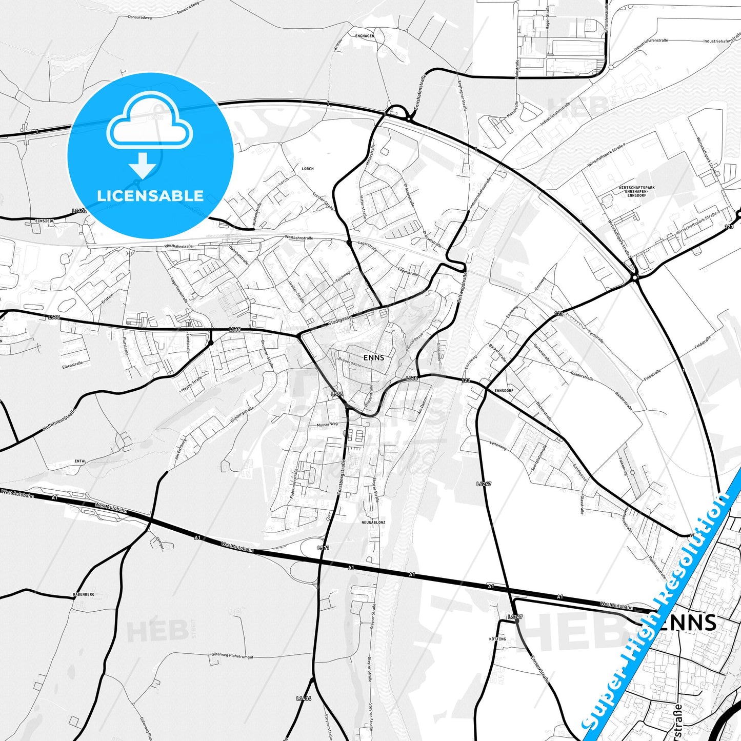 Enns, Austria Light Map with Street Names, City Names, and Districts
