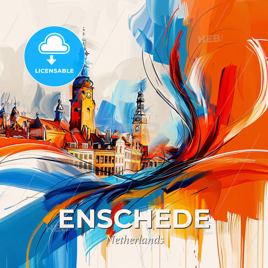 Vibrant Enschede, Netherlands - A Painting Of A Building With A Tower And A Colorful Wave - Square format print template