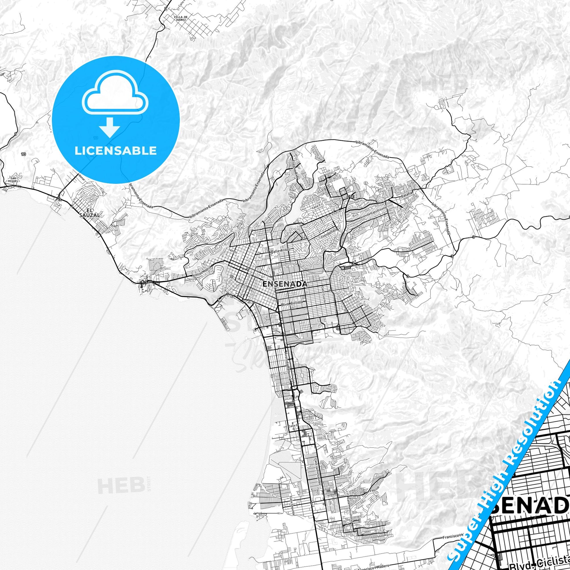 Ensenada, Mexico light map with streetnames, citynames and districts