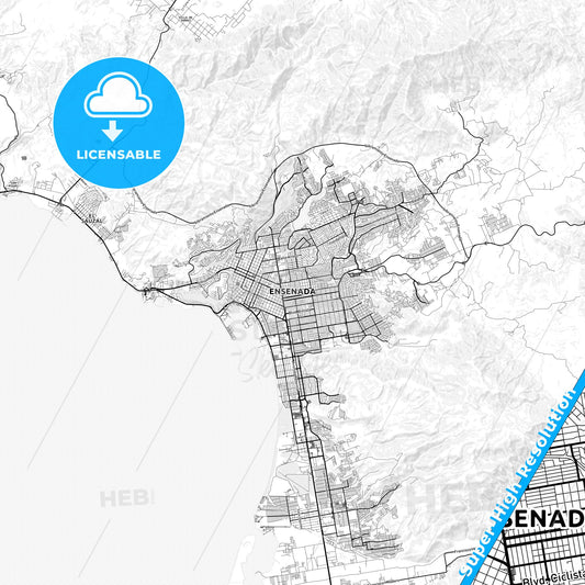 Ensenada, Mexico light map with streetnames, citynames and districts