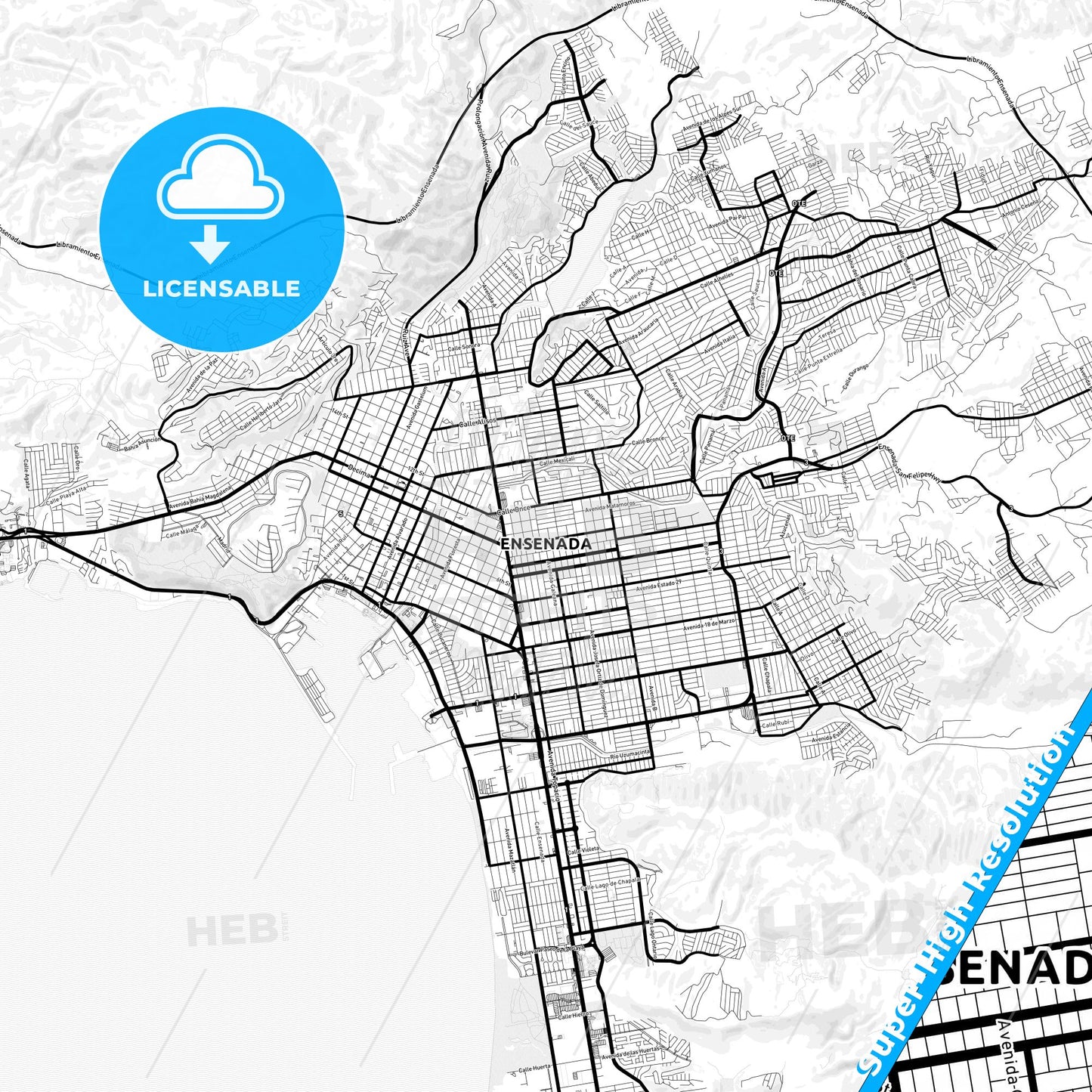 Ensenada, Mexico Light Map with Street Names, City Names, and Districts