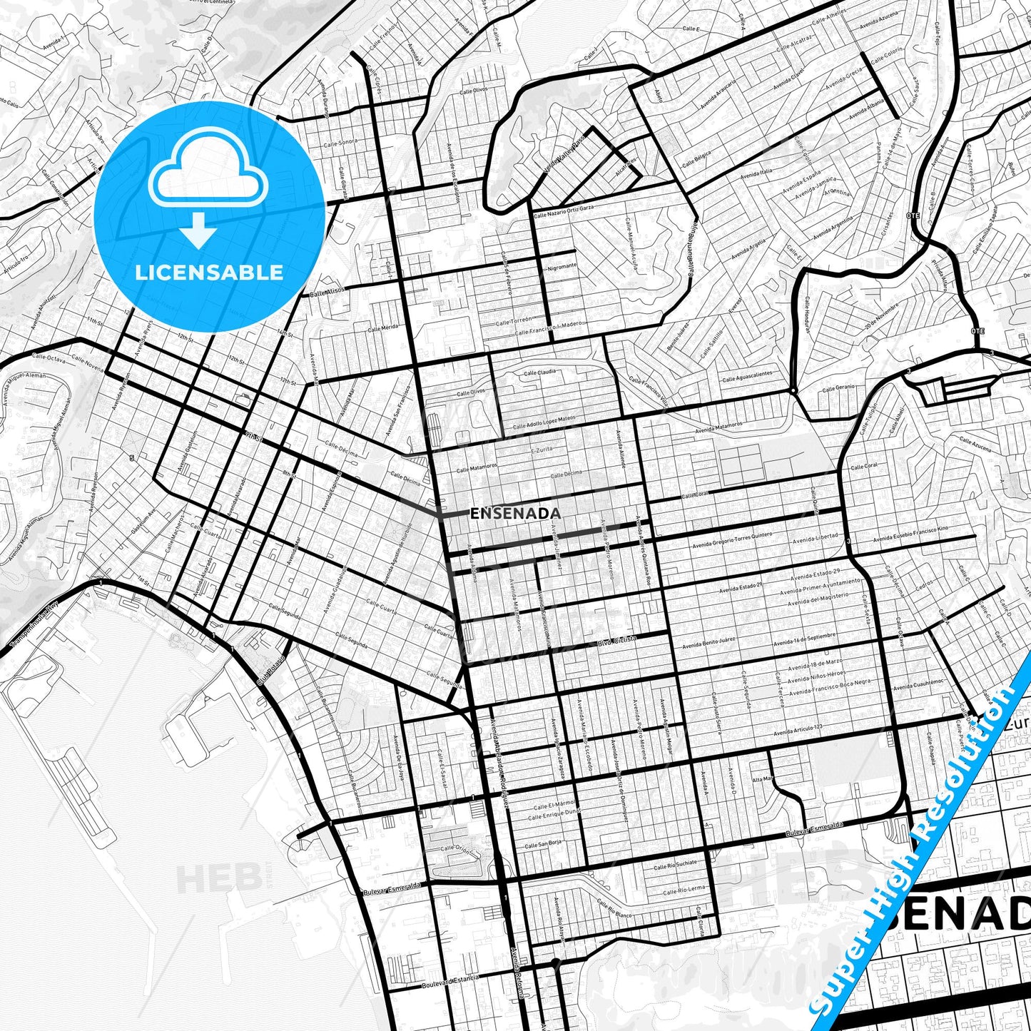 Ensenada, Mexico Light Map with Street Names, City Names, and Districts