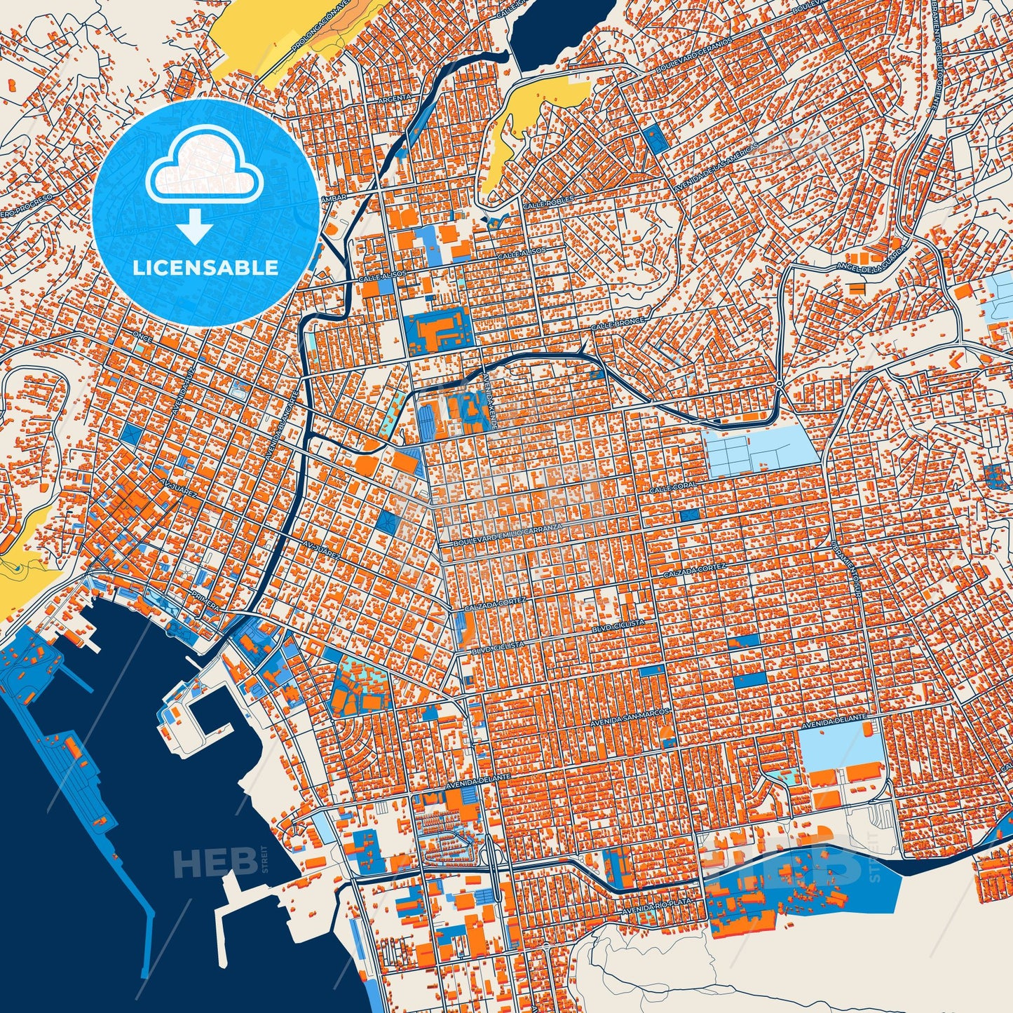 Colorful Ensenada Street Map with Labels and Buildings