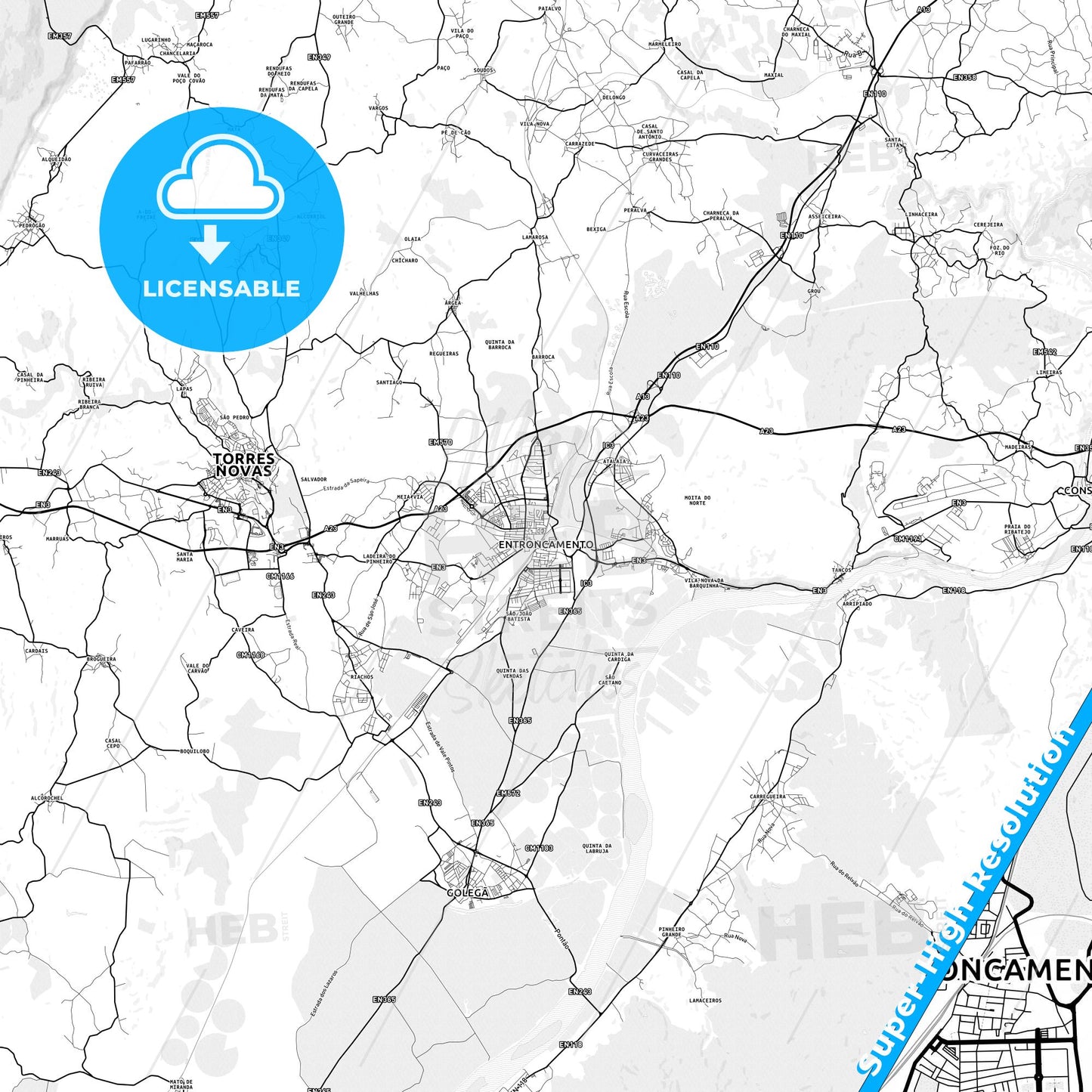 Entroncamento, Portugal light map with streetnames, citynames and districts