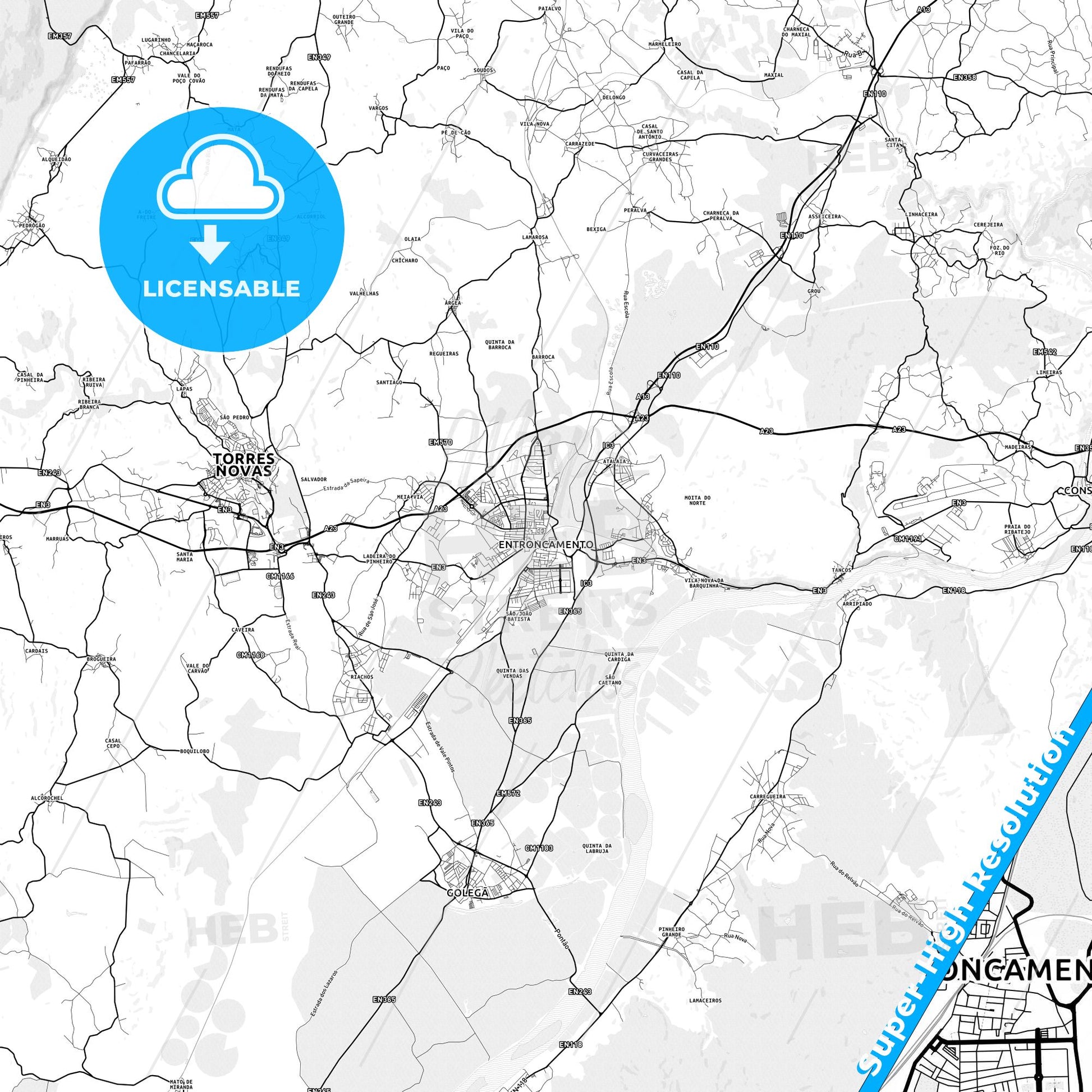 Entroncamento, Portugal light map with streetnames, citynames and districts