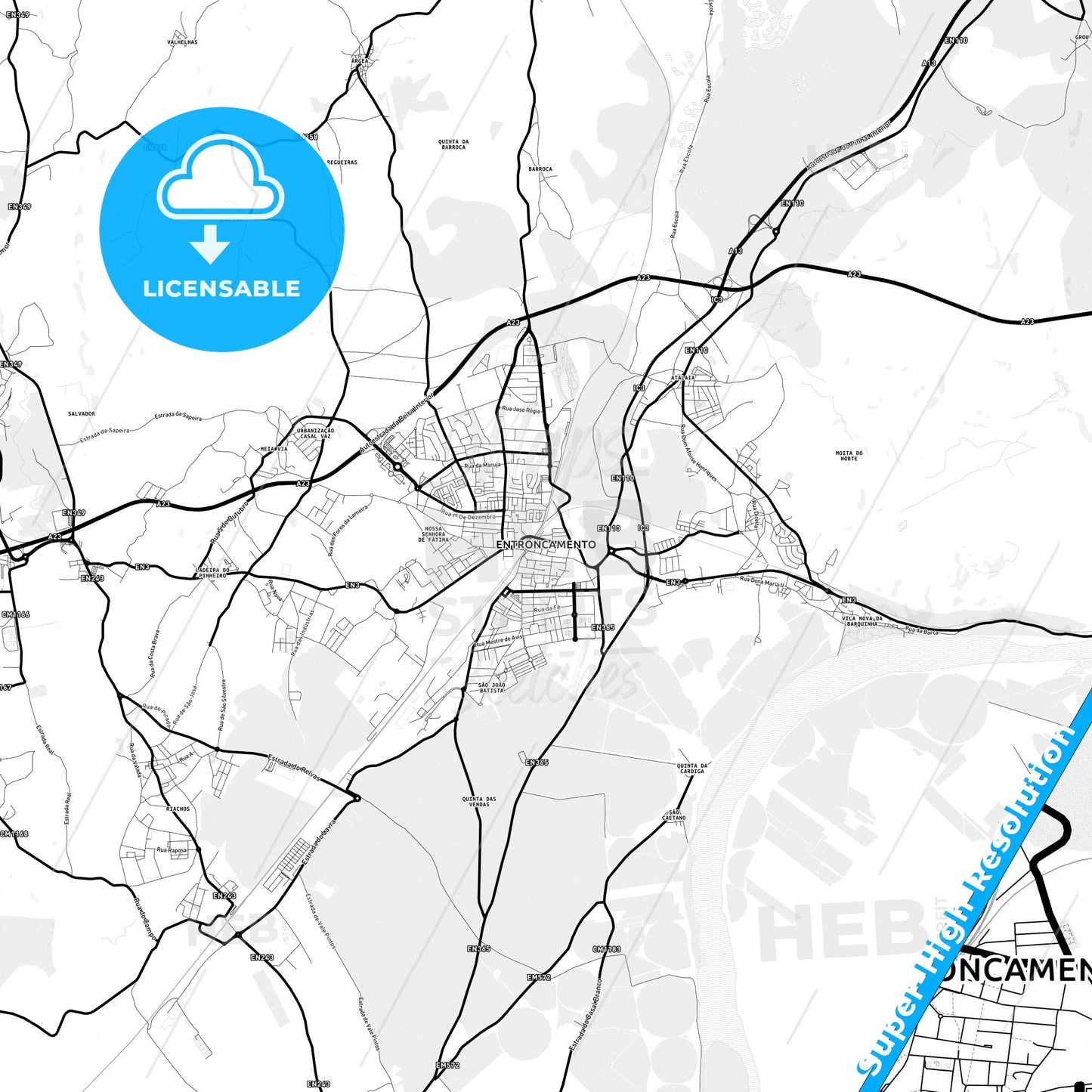 Entroncamento, Portugal Light Map with Street Names, City Names, and Districts