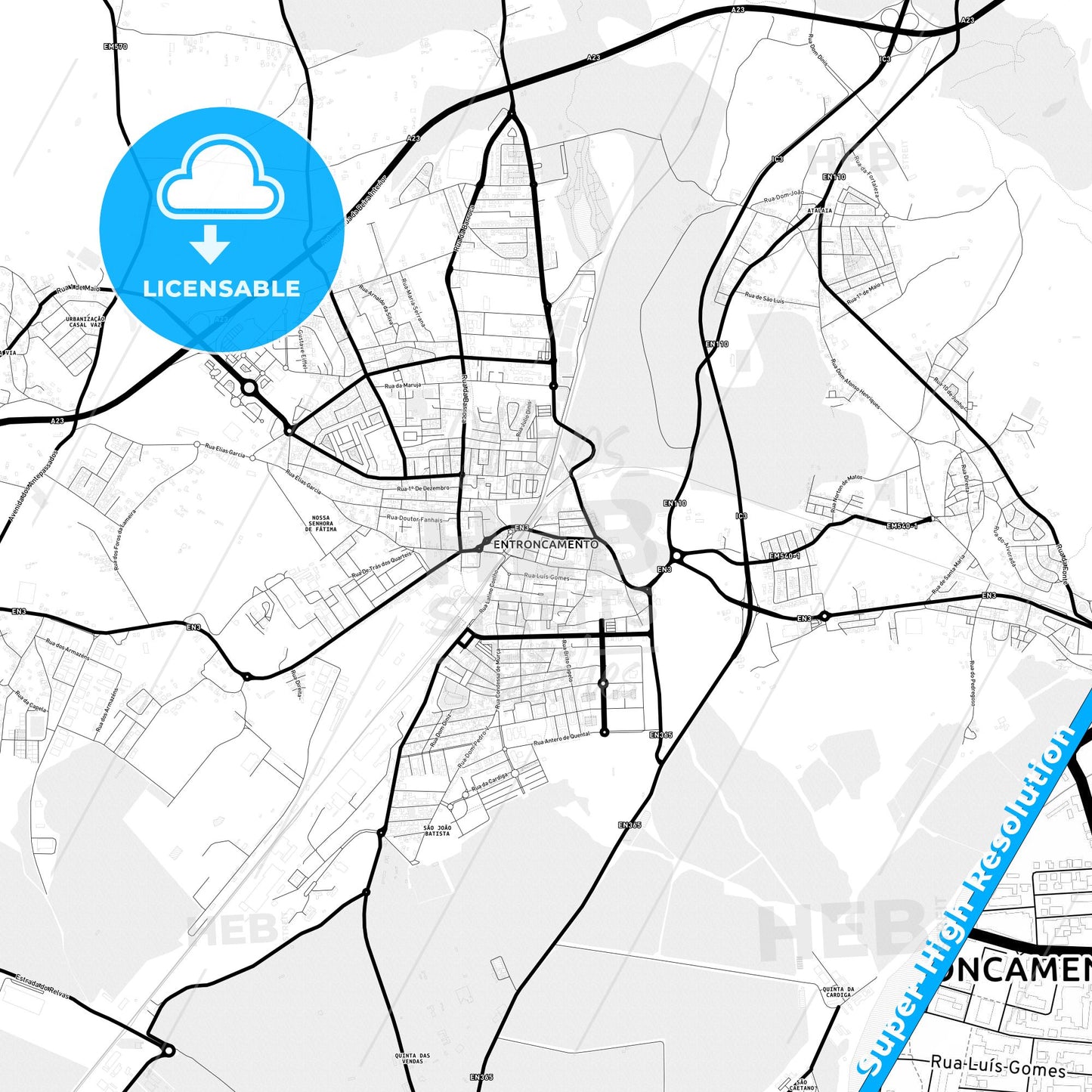 Entroncamento, Portugal Light Map with Street Names, City Names, and Districts