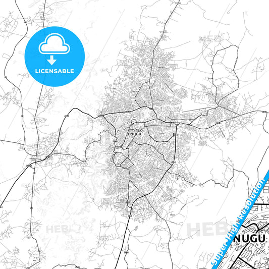 Enugu, Nigeria light map with streetnames, citynames and districts