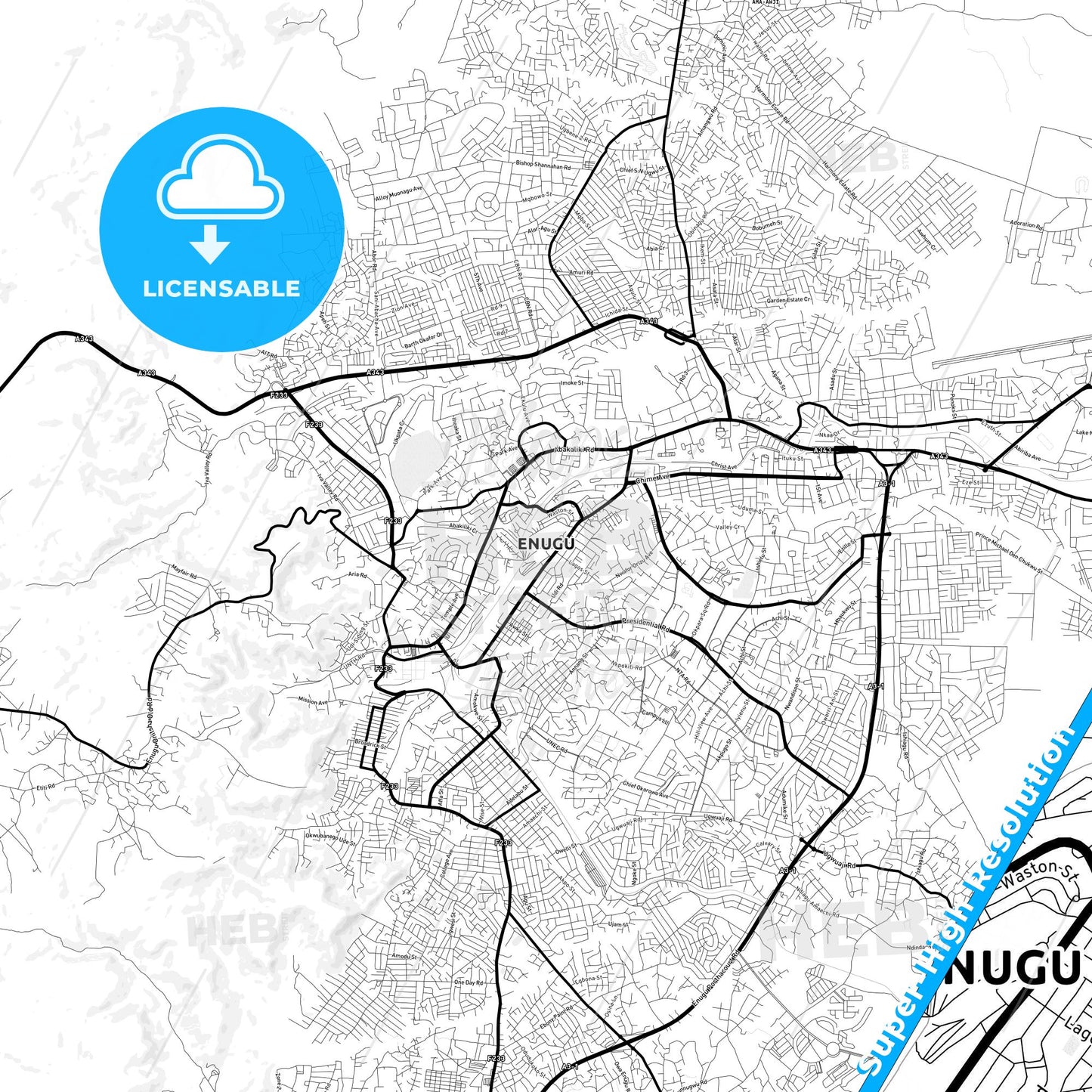 Enugu, Nigeria Light Map with Street Names, City Names, and Districts