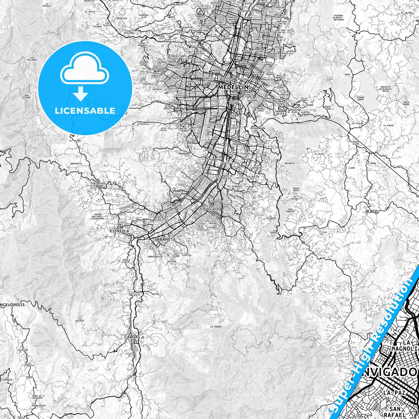 Envigado, Colombia light map with streetnames, citynames and districts