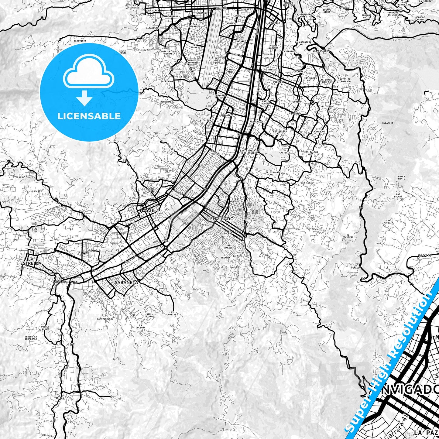 Envigado, Colombia Light Map with Street Names, City Names, and Districts