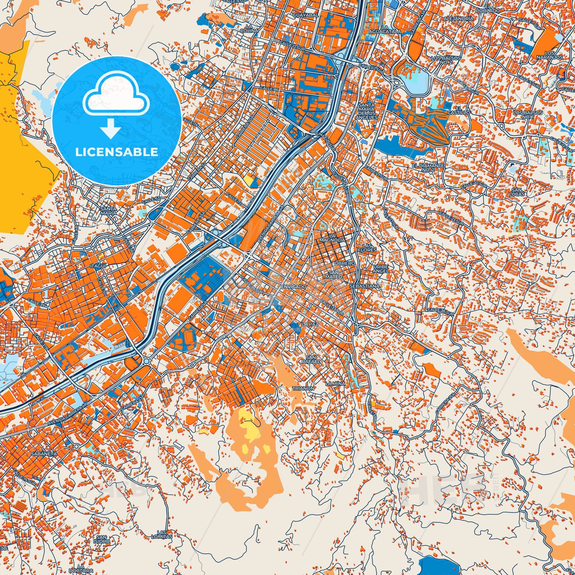 Colorful Envigado Street Map with Labels and Buildings