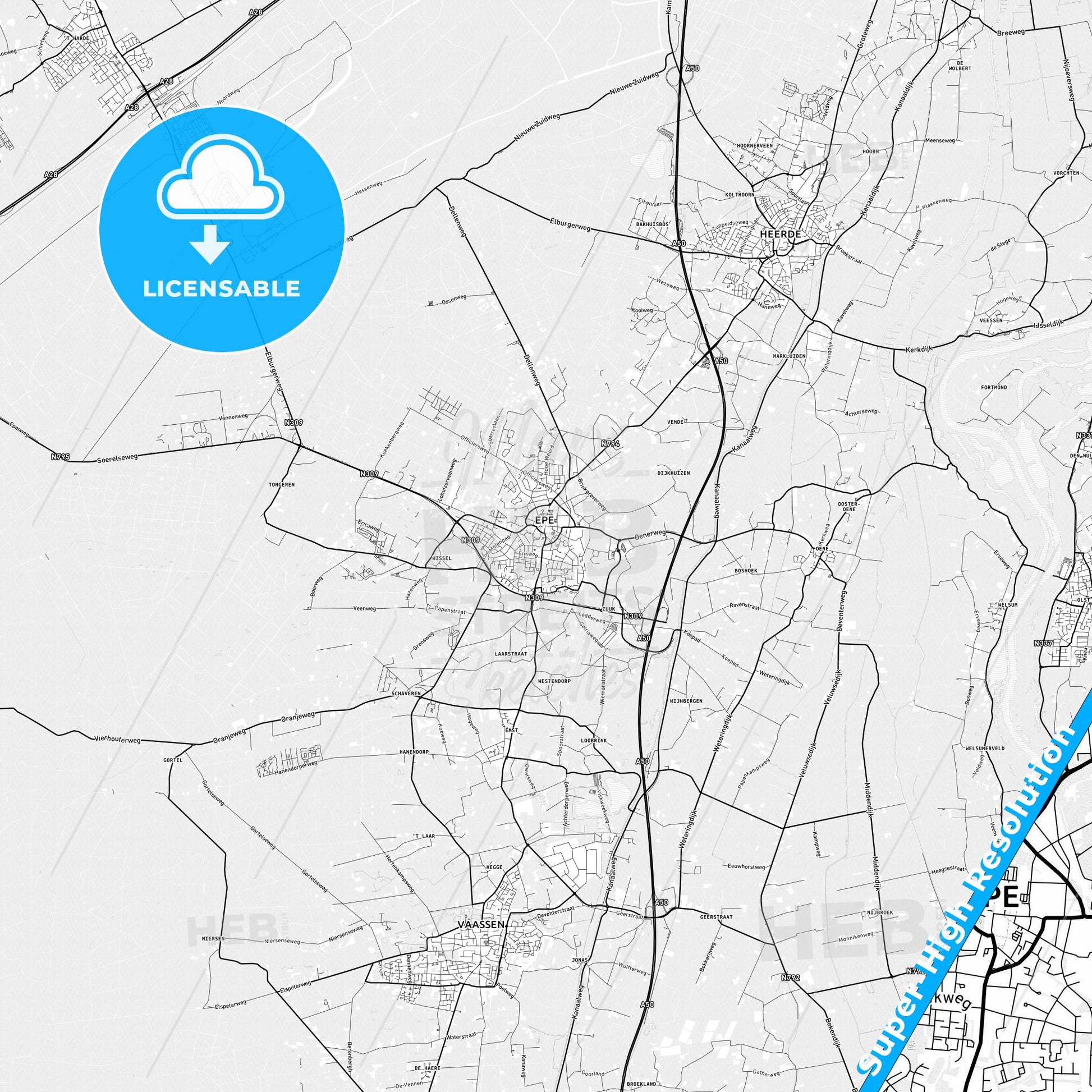 Epe, Netherlands light map with streetnames, citynames and districts