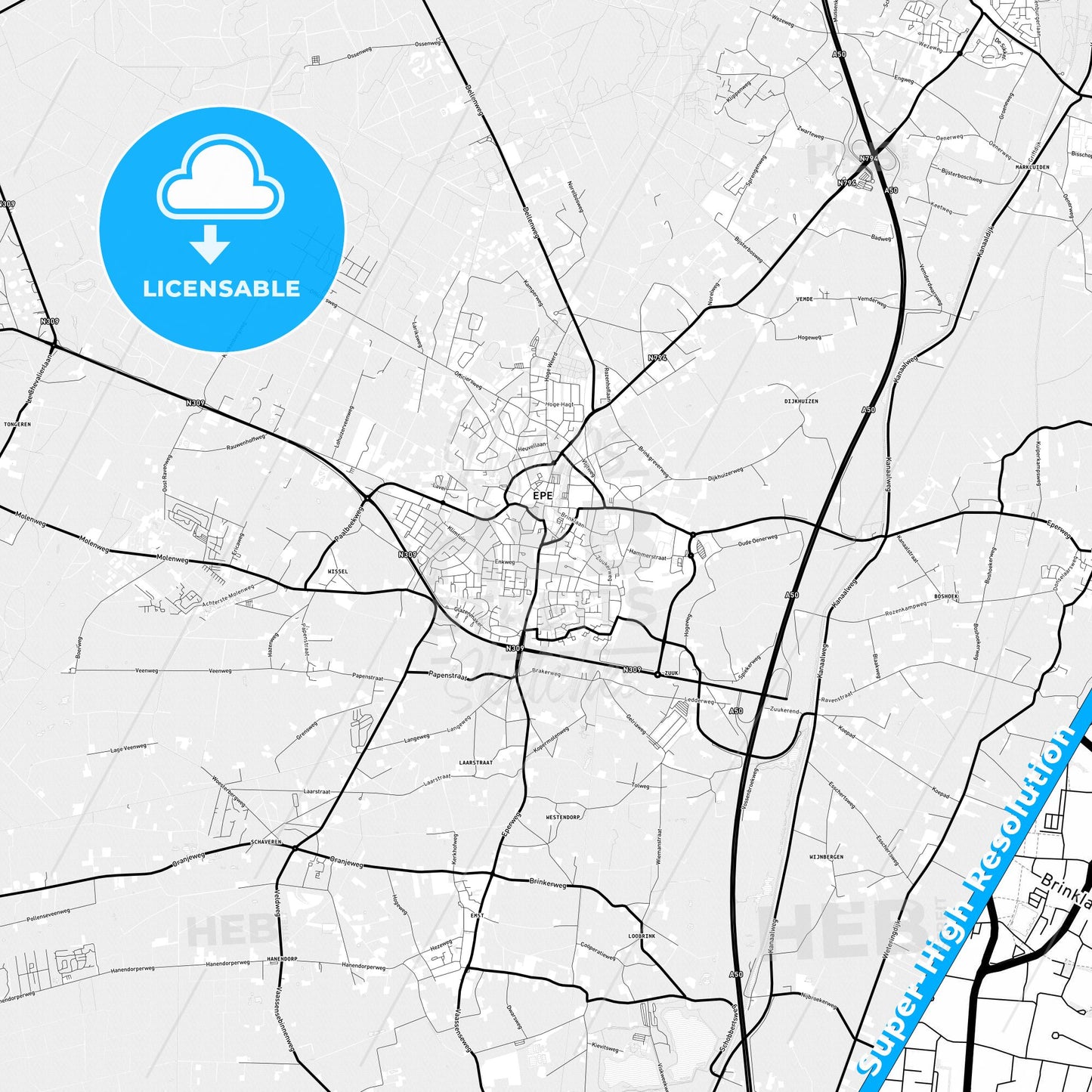 Epe, Netherlands Light Map with Street Names, City Names, and Districts