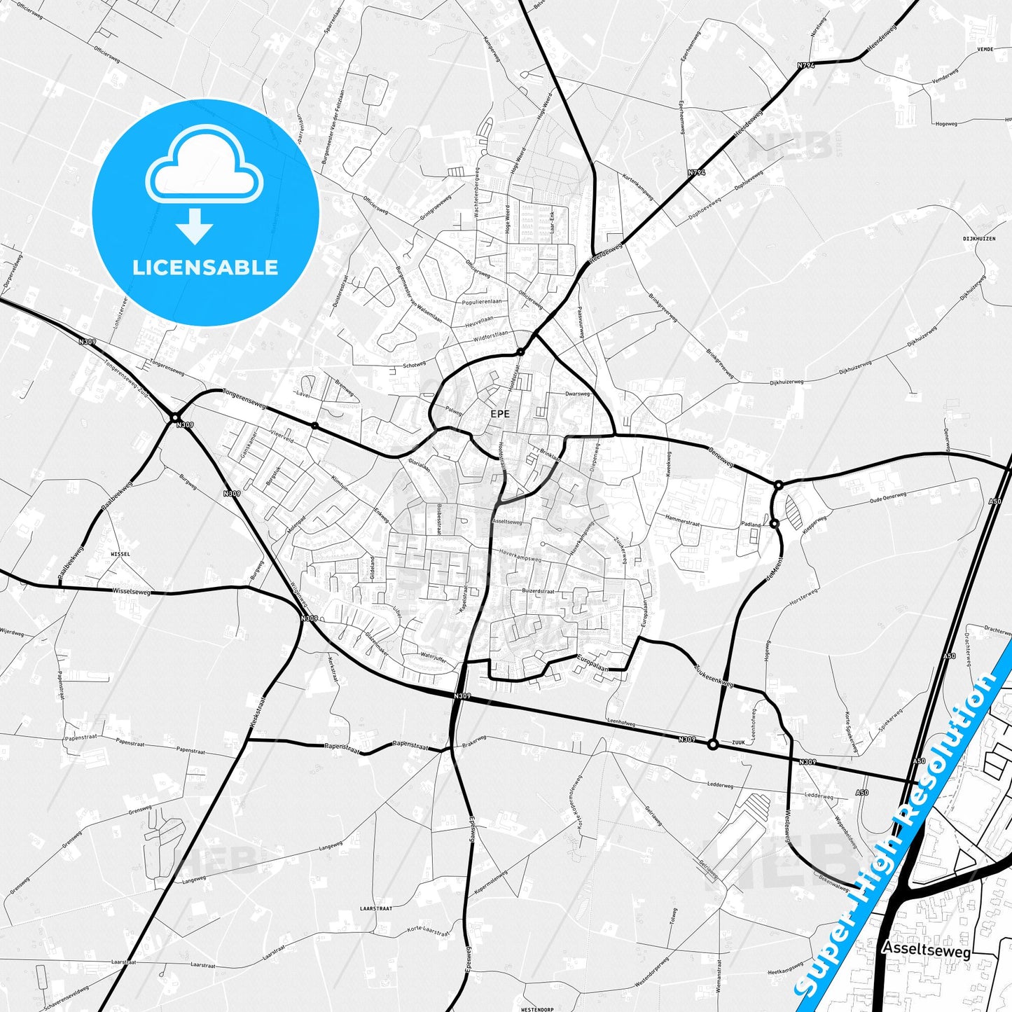 Epe, Netherlands Light Map with Street Names, City Names, and Districts