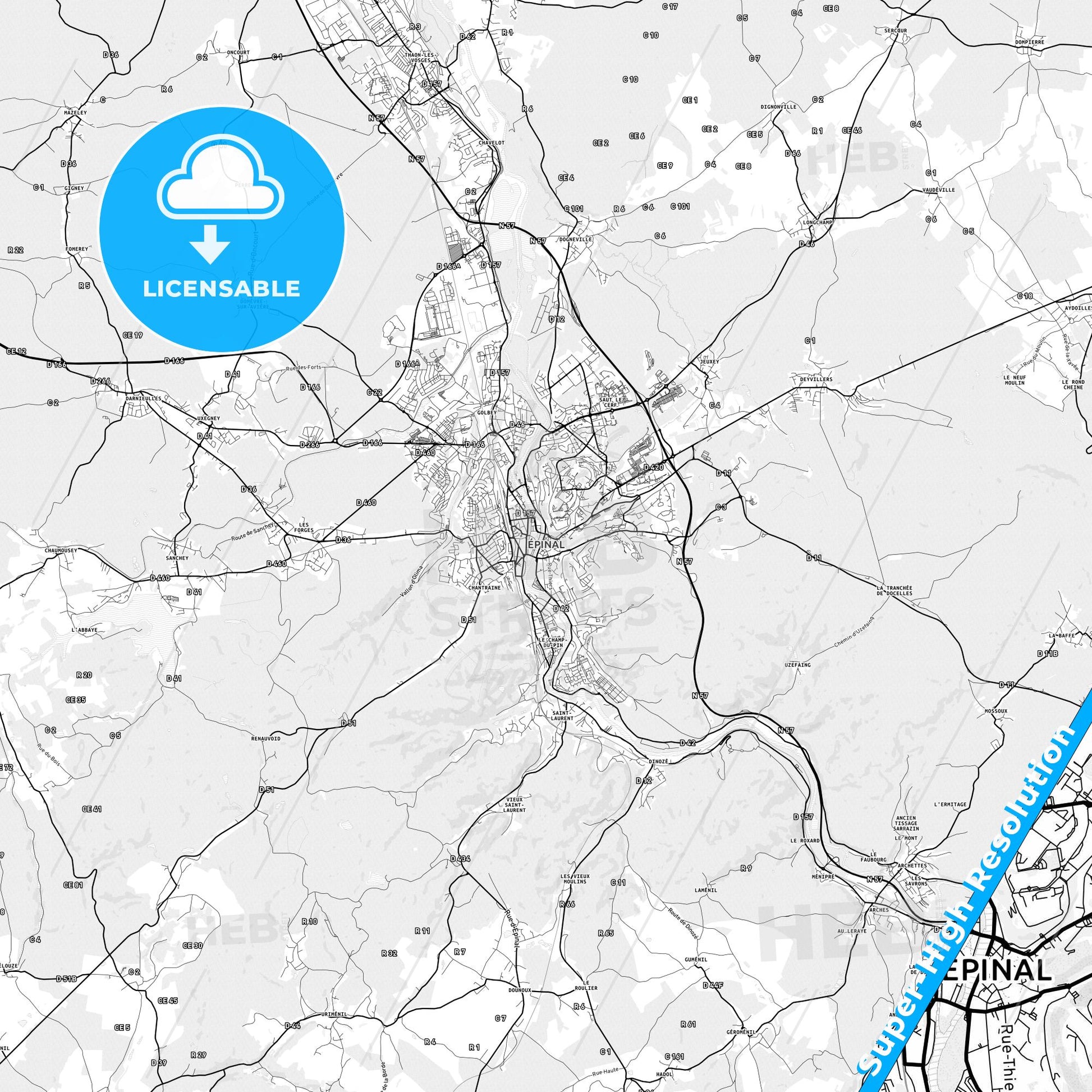 Épinal, France light map with streetnames, citynames and districts