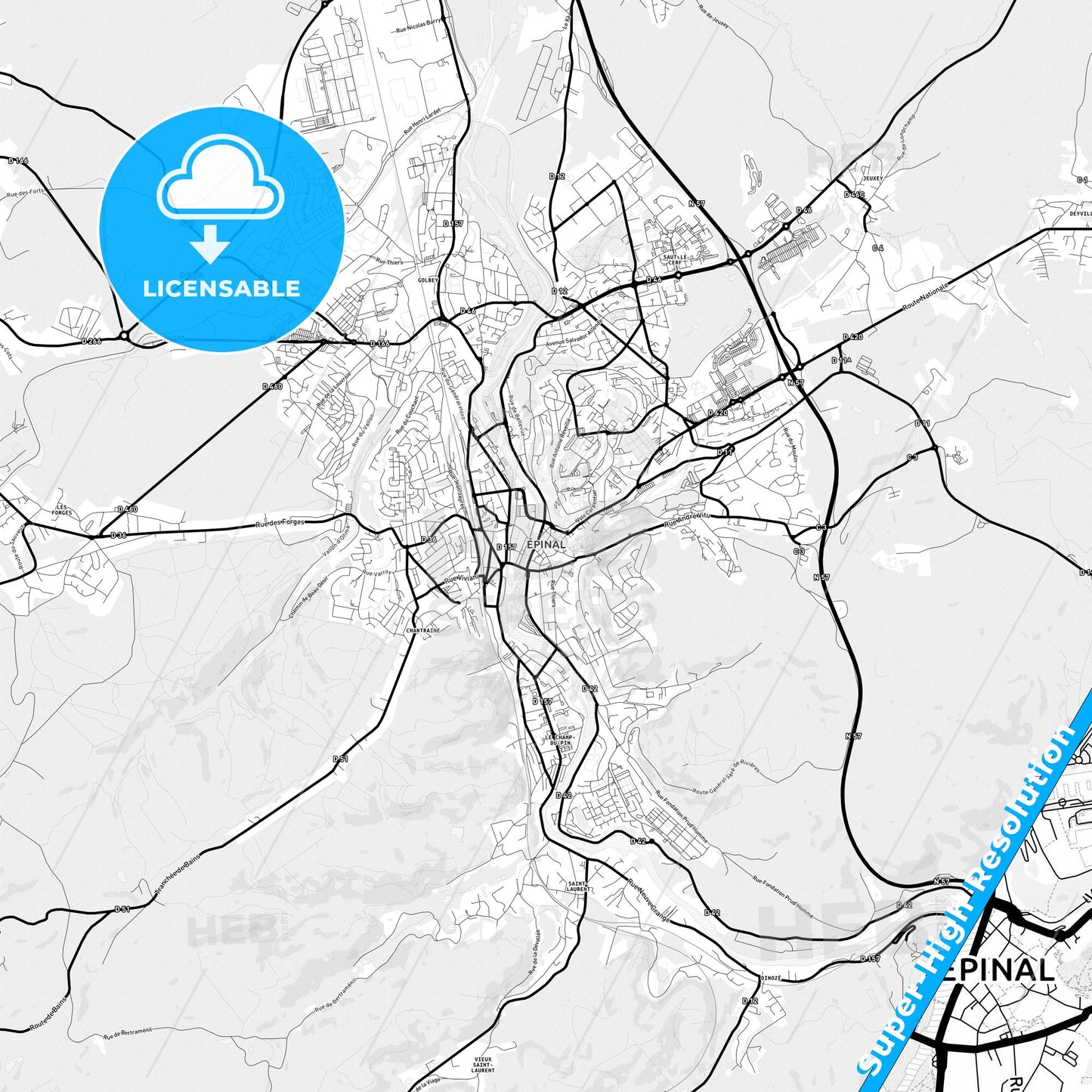 Épinal, France Light Map with Street Names, City Names, and Districts
