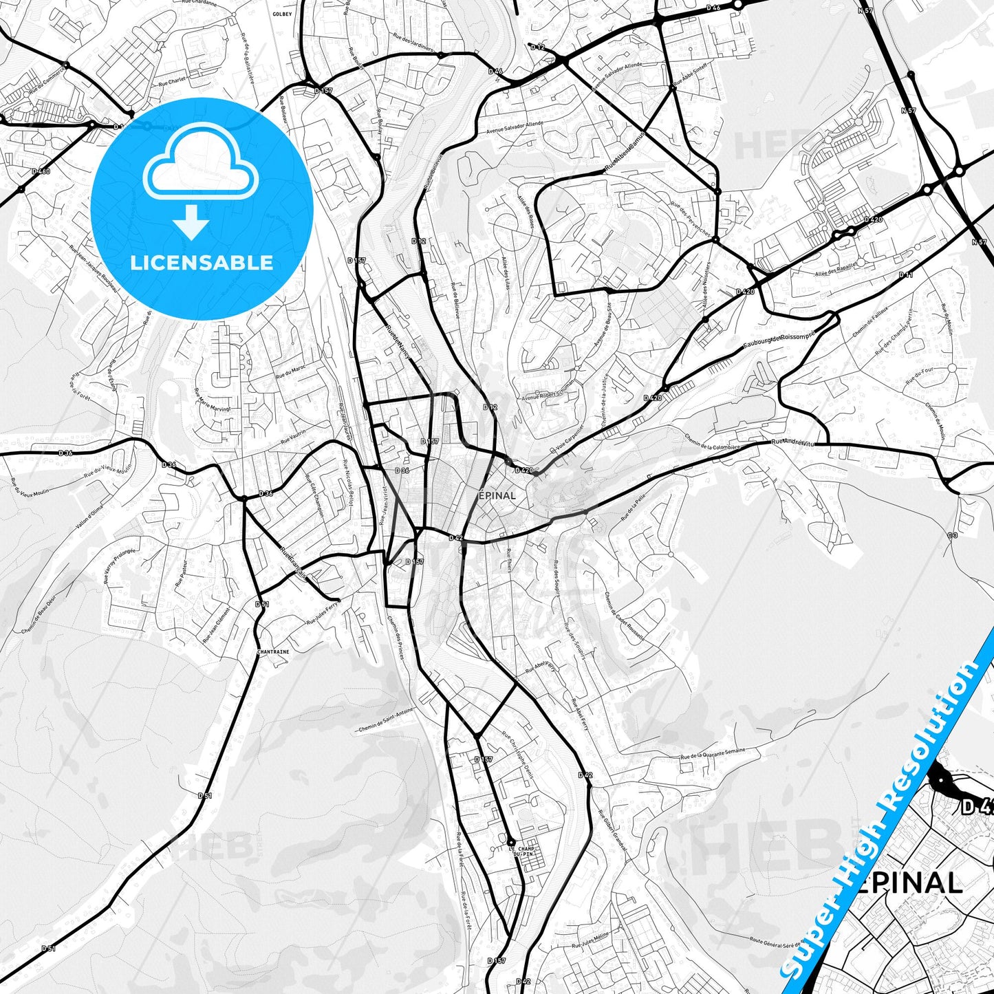 Épinal, France Light Map with Street Names, City Names, and Districts