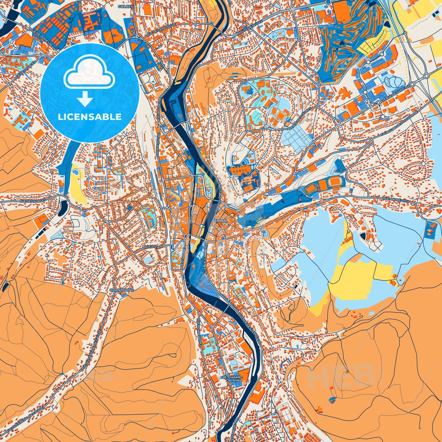 Colorful Épinal Street Map with Labels and Buildings