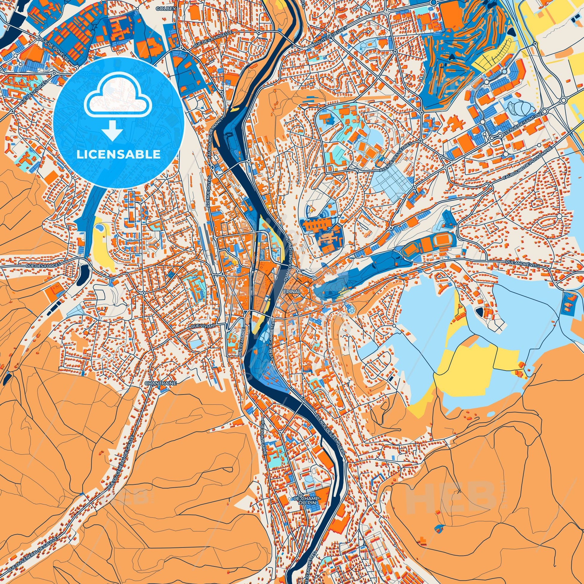 Colorful Épinal Street Map with Labels and Buildings