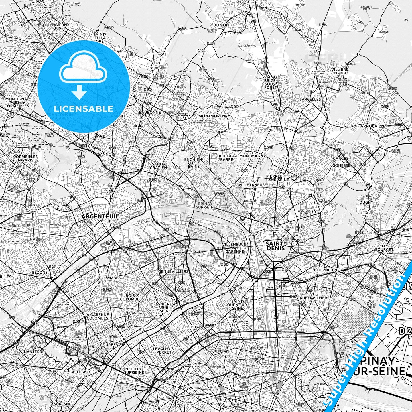 Épinay-sur-Seine, France light map with streetnames, citynames and districts