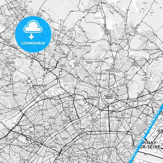 Épinay-sur-Seine, France light map with streetnames, citynames and districts