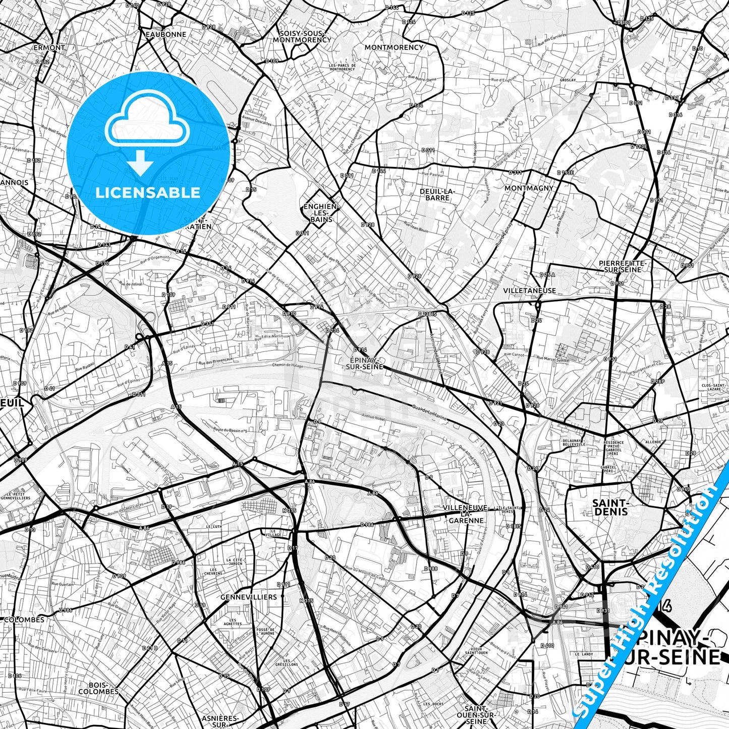 Épinay-sur-Seine, France Light Map with Street Names, City Names, and Districts