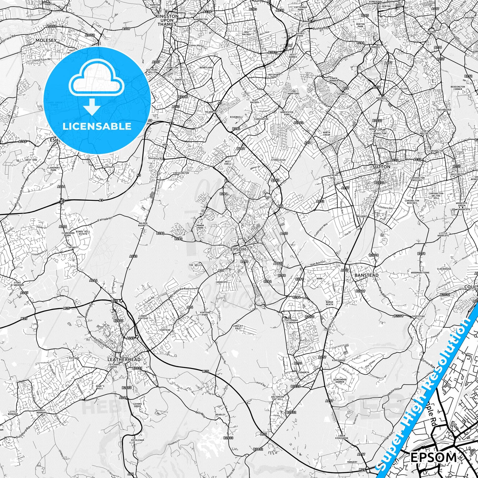 Epsom and Ewell, England light map with streetnames, citynames and districts