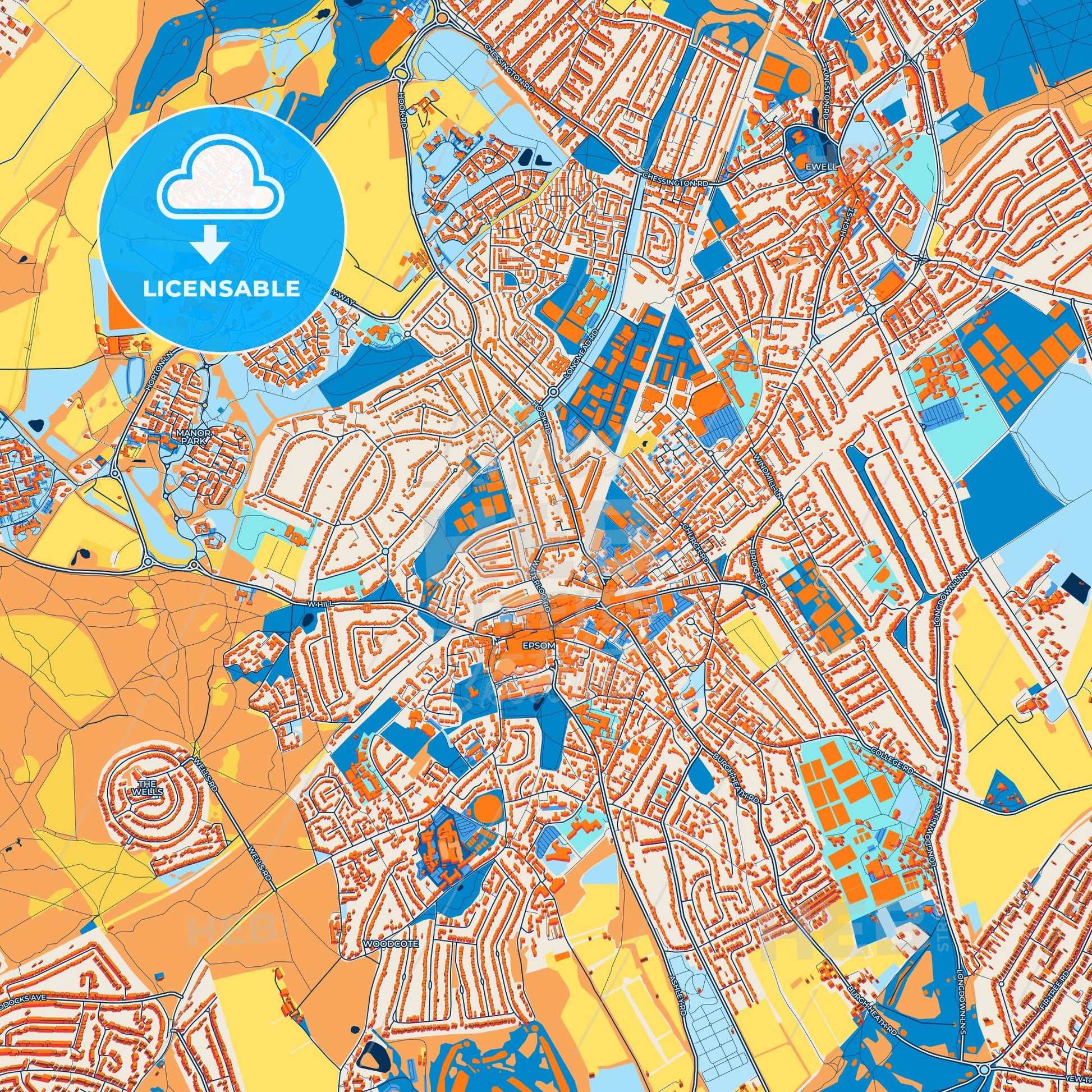 Colorful Epsom and Ewell Street Map with Labels and Buildings