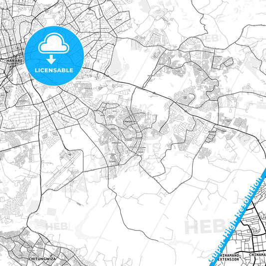 Epworth, Zimbabwe light map with streetnames, citynames and districts