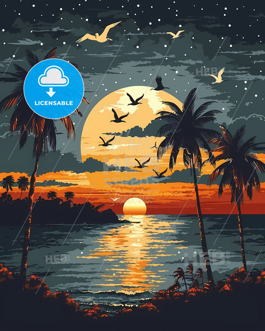 Vibrant Art Depiction of an Equatorial Guinea Sunset, featuring Palm Trees and Birds