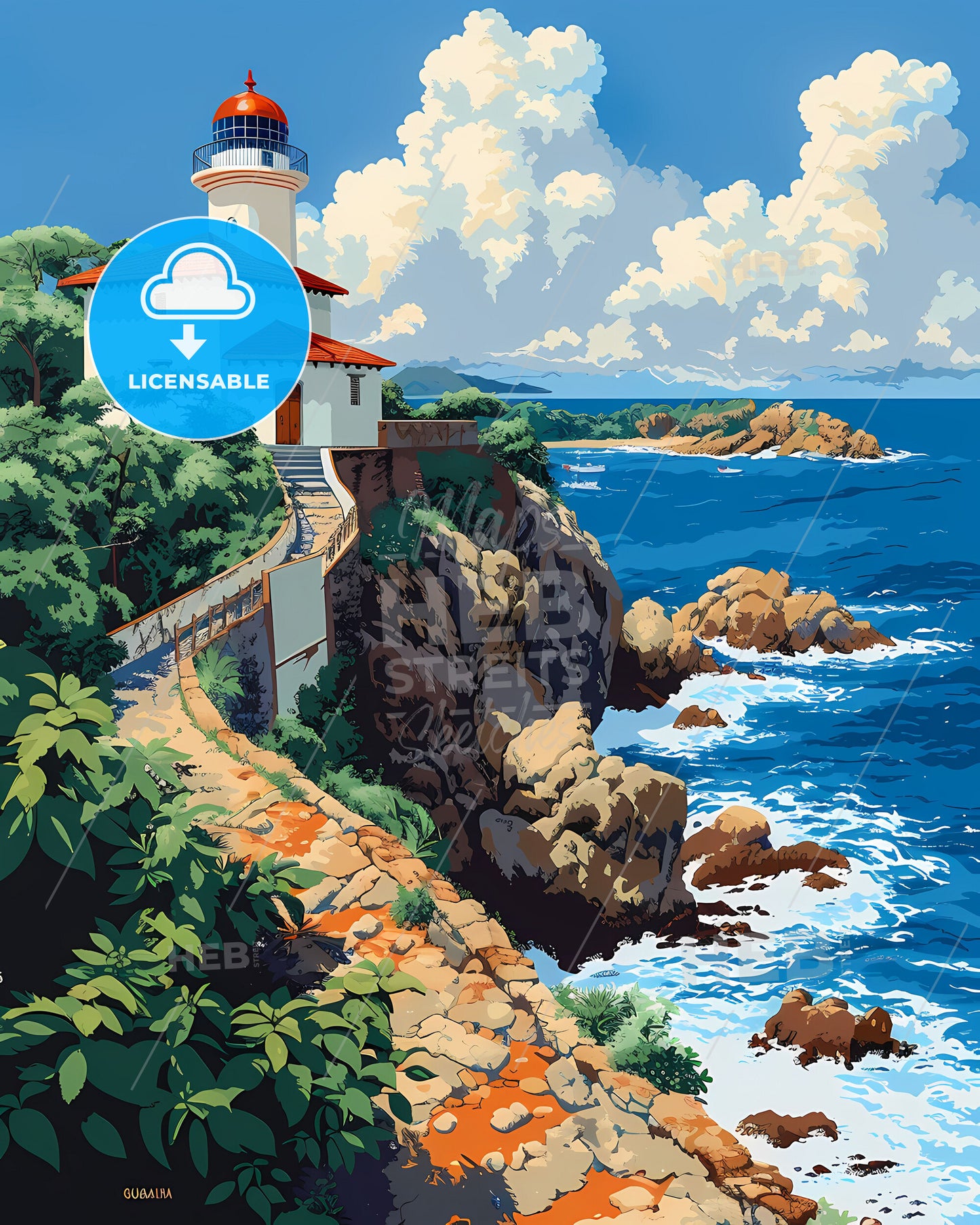 Colorful African Art Painting: Lighthouse on Cliff by Ocean, Equatorial Guinea