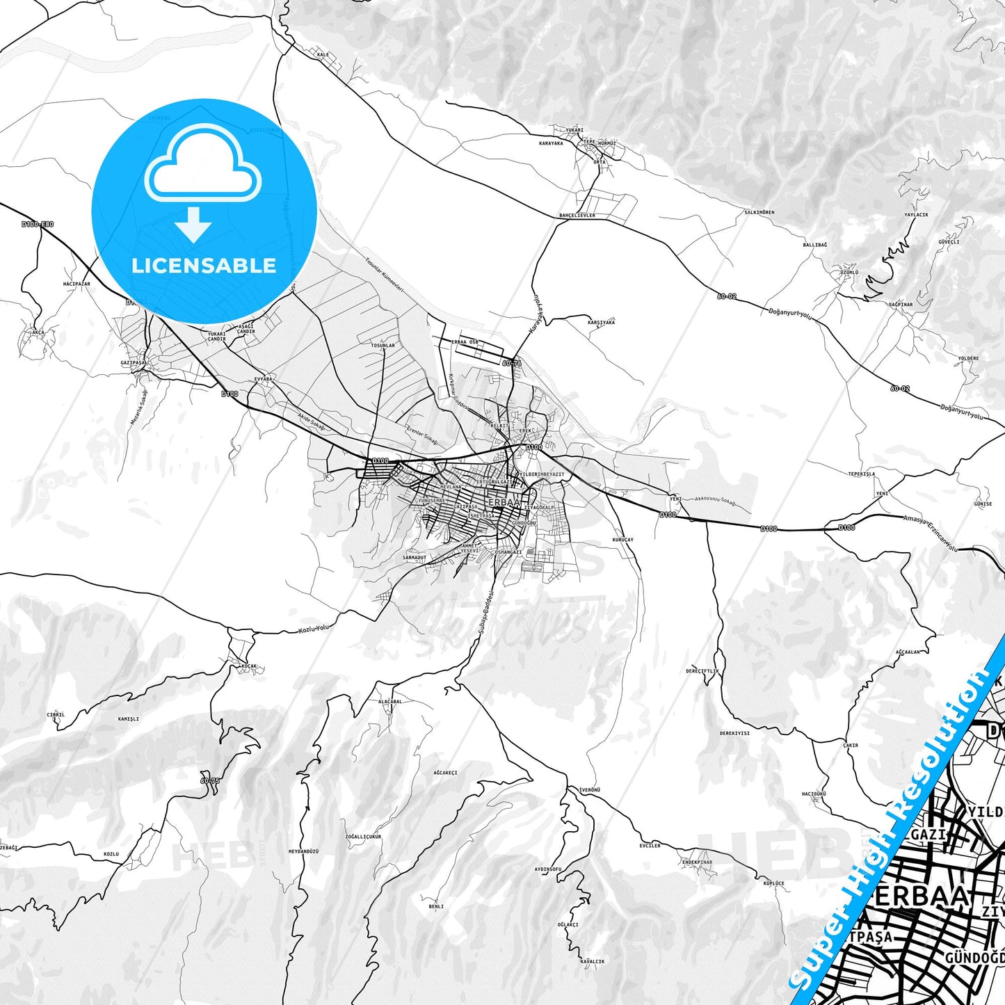 Erbaa, Turkey light map with streetnames, citynames and districts
