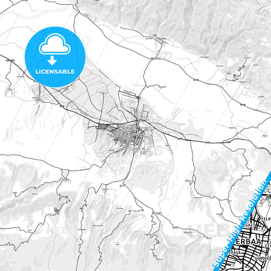 Erbaa, Turkey light map with streetnames, citynames and districts