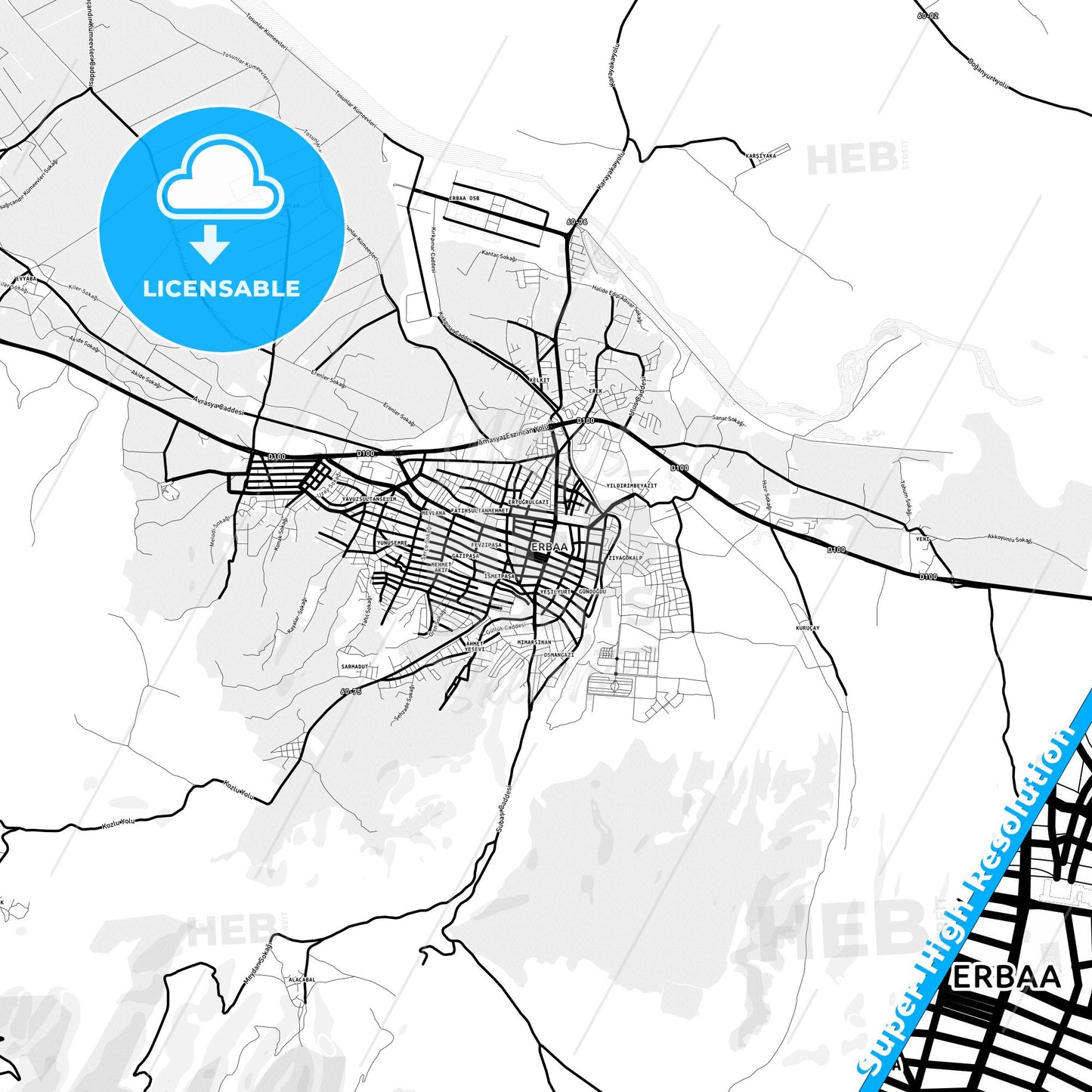 Erbaa, Turkey Light Map with Street Names, City Names, and Districts