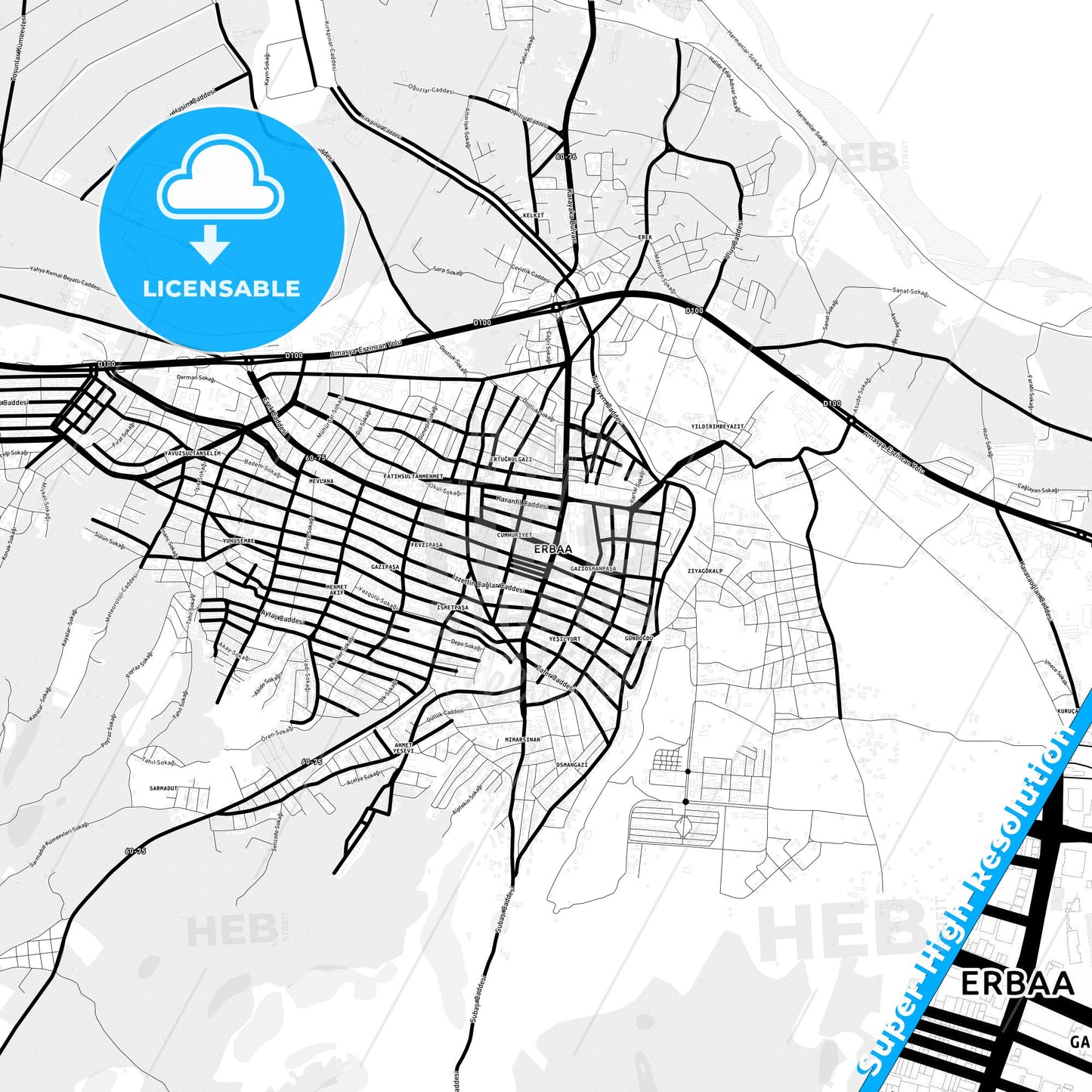 Erbaa, Turkey Light Map with Street Names, City Names, and Districts