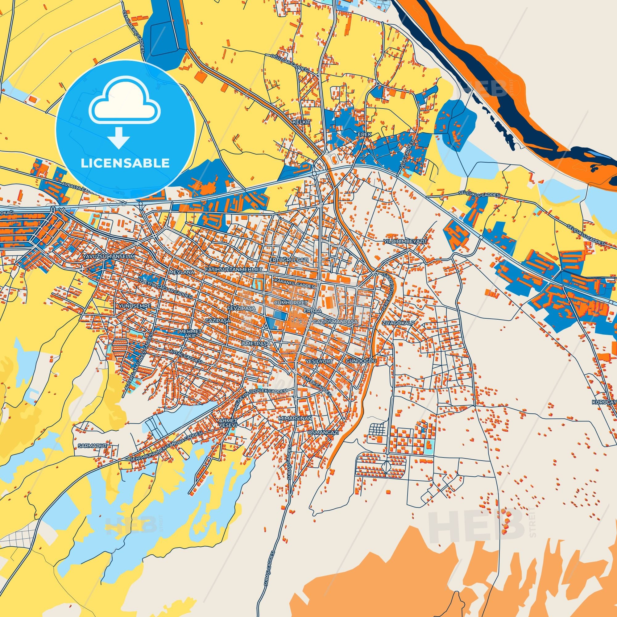 Colorful Erbaa Street Map With Labels And Buildings – HEBSTREITS