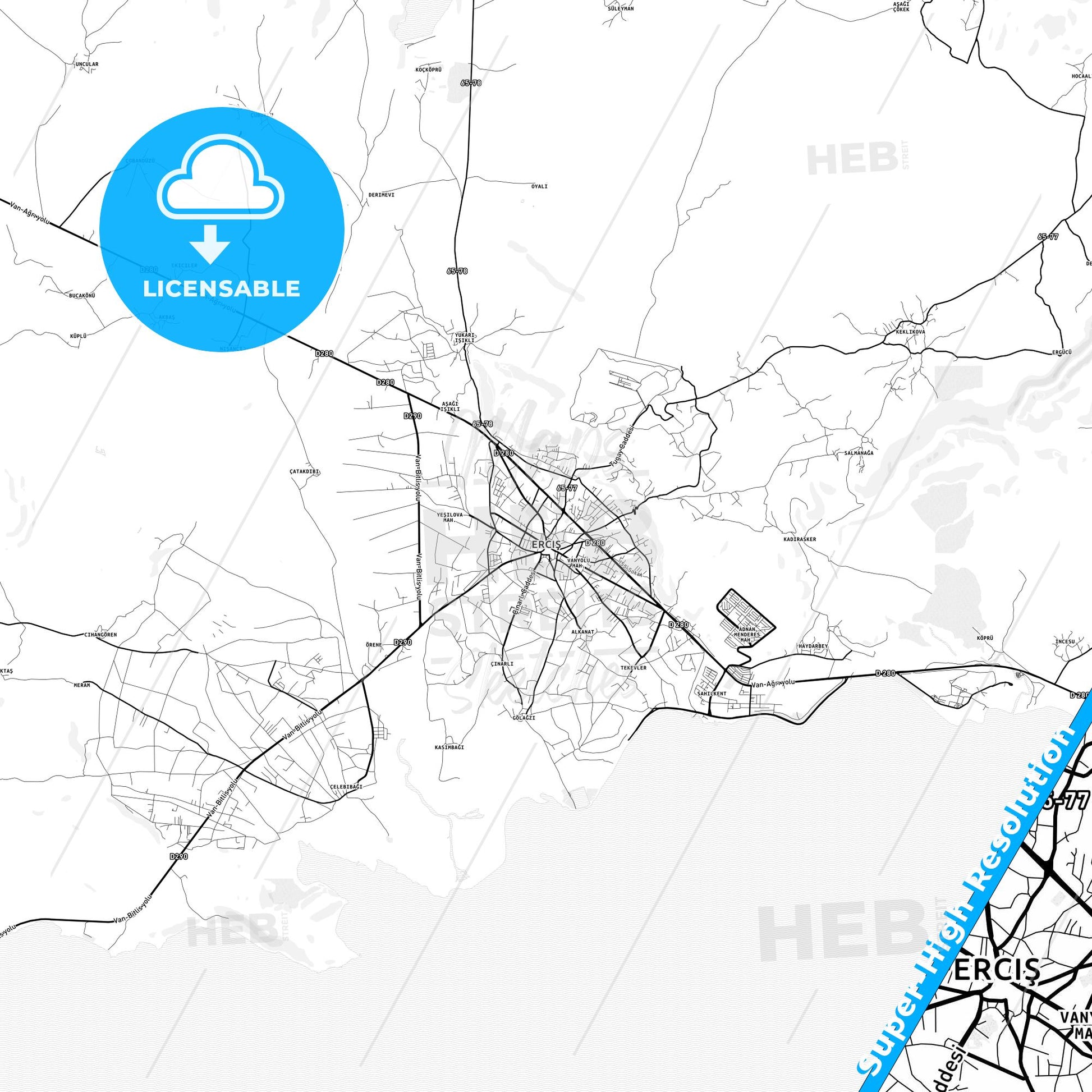 Erciş, Turkey light map with streetnames, citynames and districts