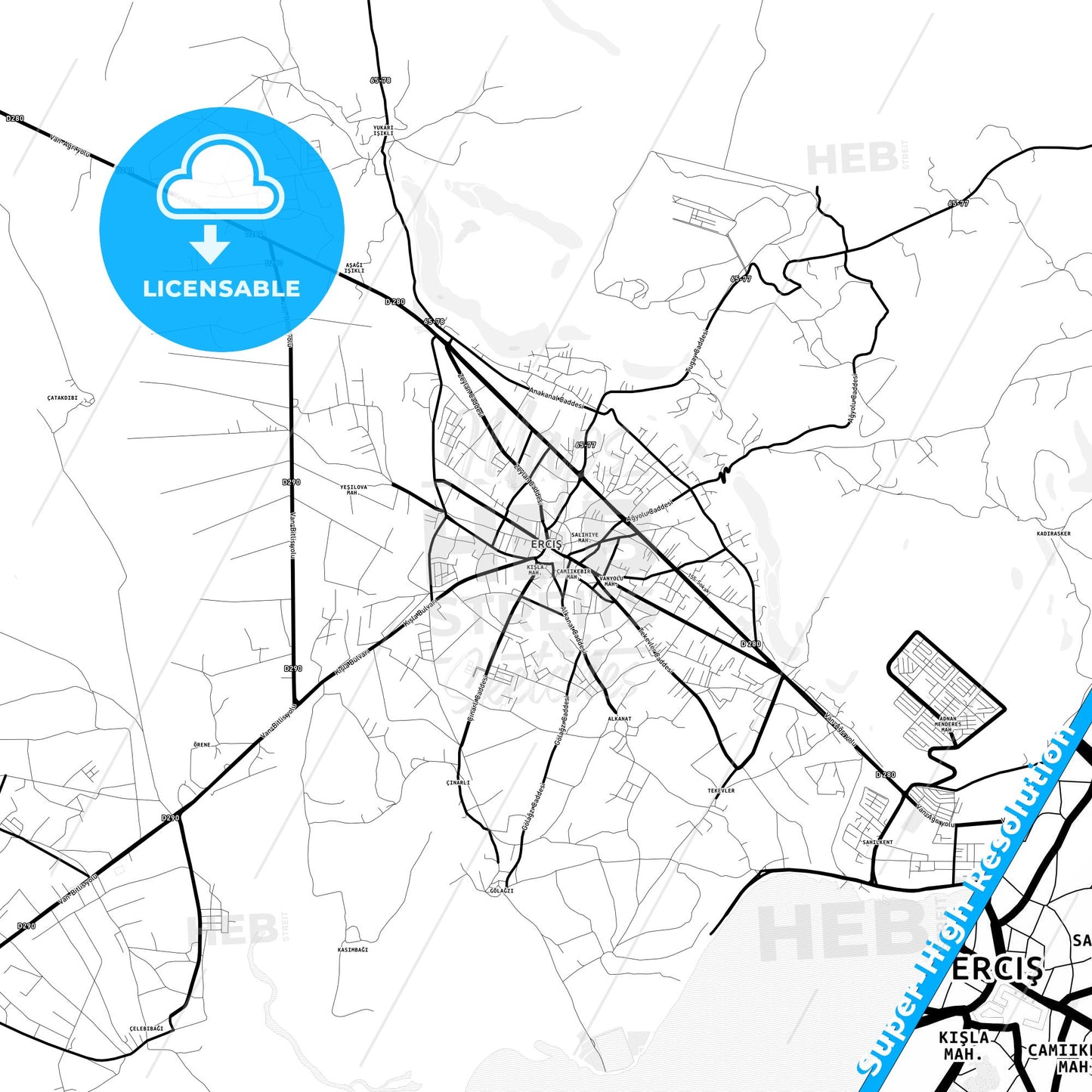 Erciş, Turkey Light Map with Street Names, City Names, and Districts