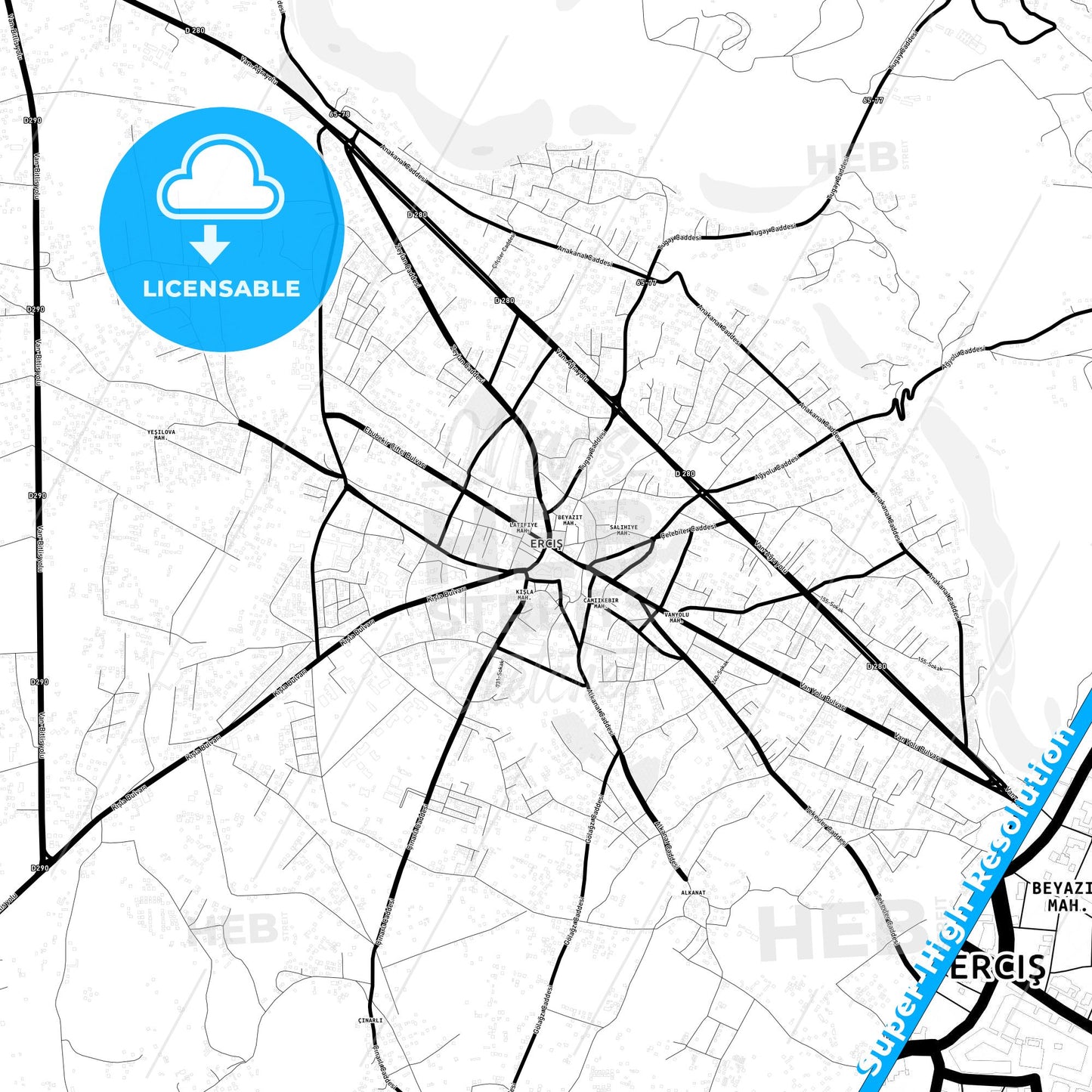 Erciş, Turkey Light Map with Street Names, City Names, and Districts