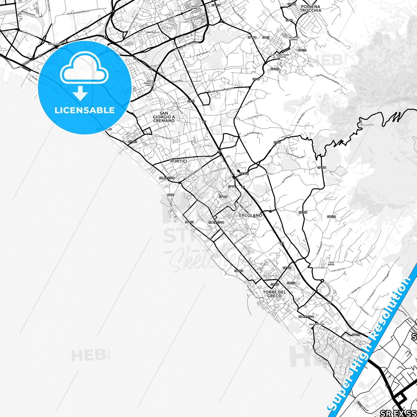 Ercolano, Italy Light Map with Street Names, City Names, and Districts