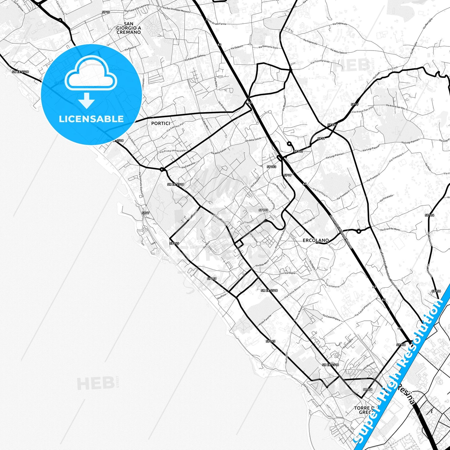 Ercolano, Italy Light Map with Street Names, City Names, and Districts
