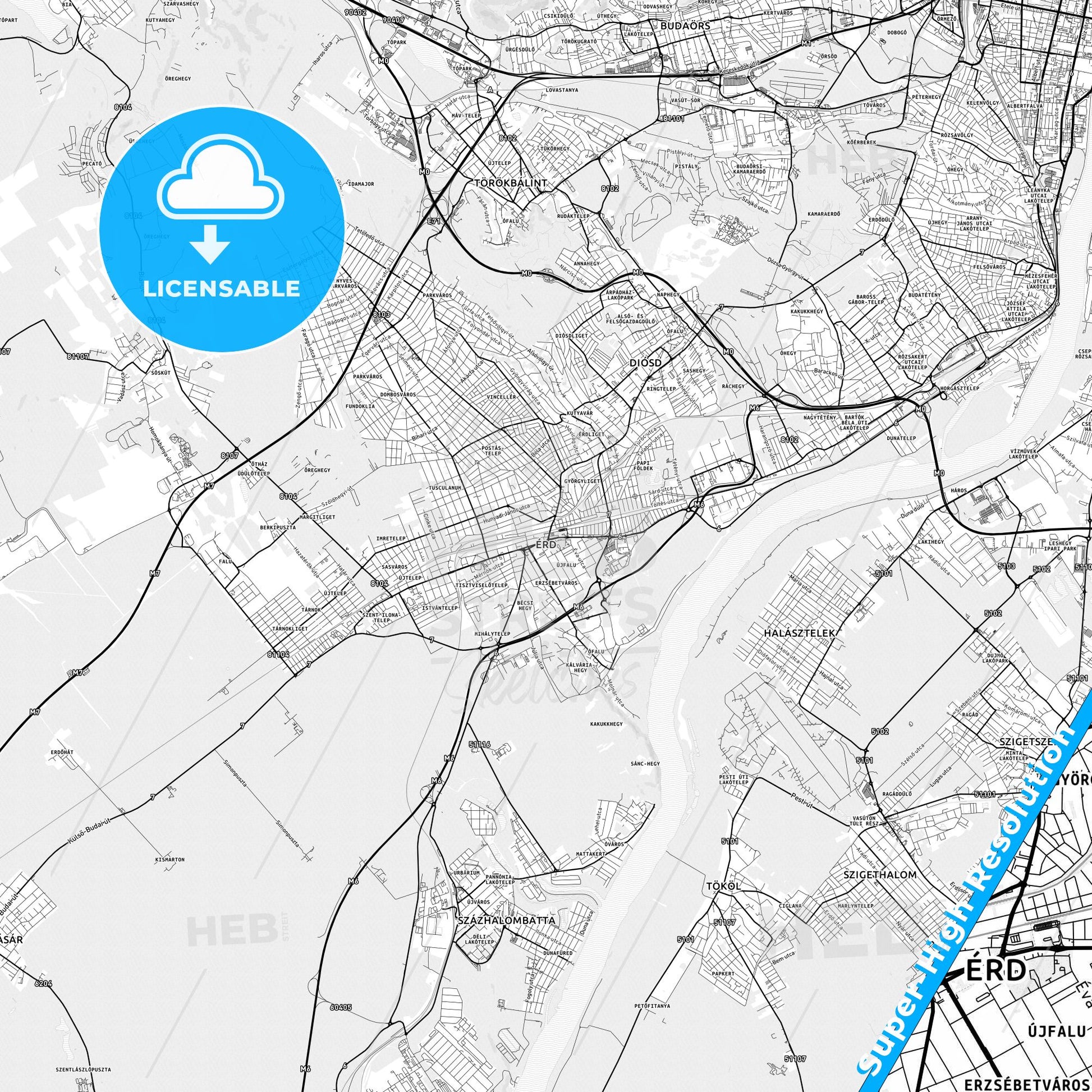 Érd, Hungary light map with streetnames, citynames and districts